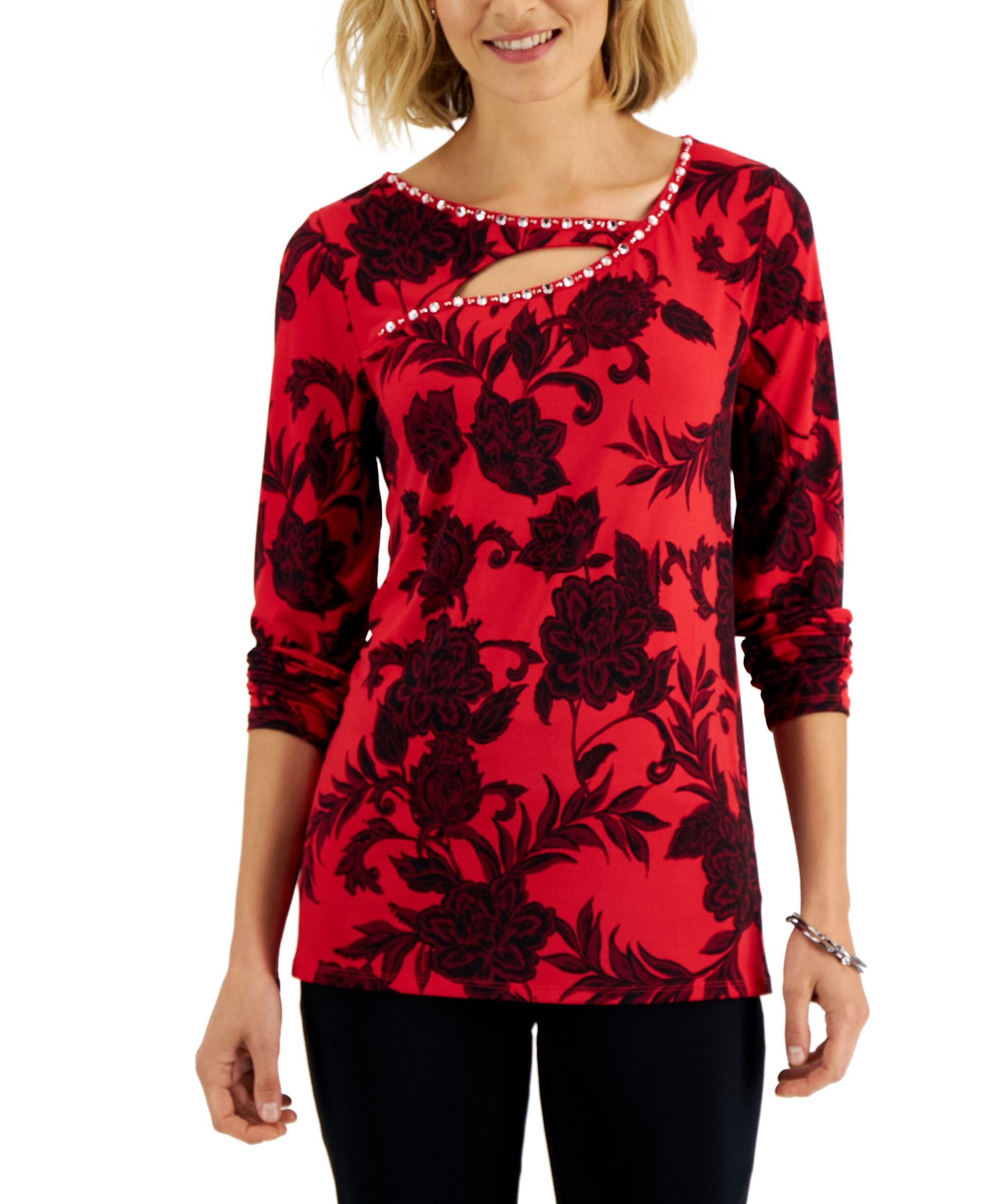 JM Collection Womens Printed Cut Out Detail Top