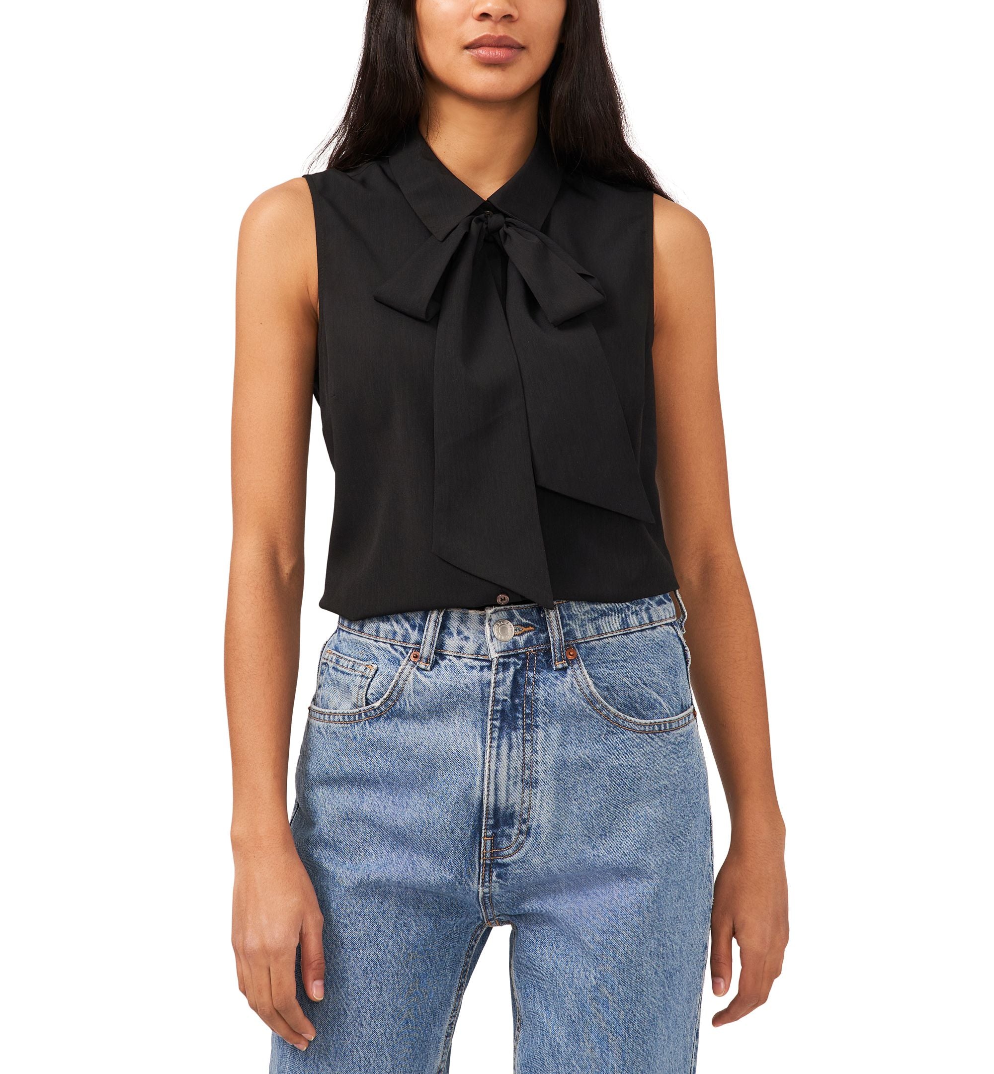 Women's Sleeveless Button-Front Bow Neck Blouse