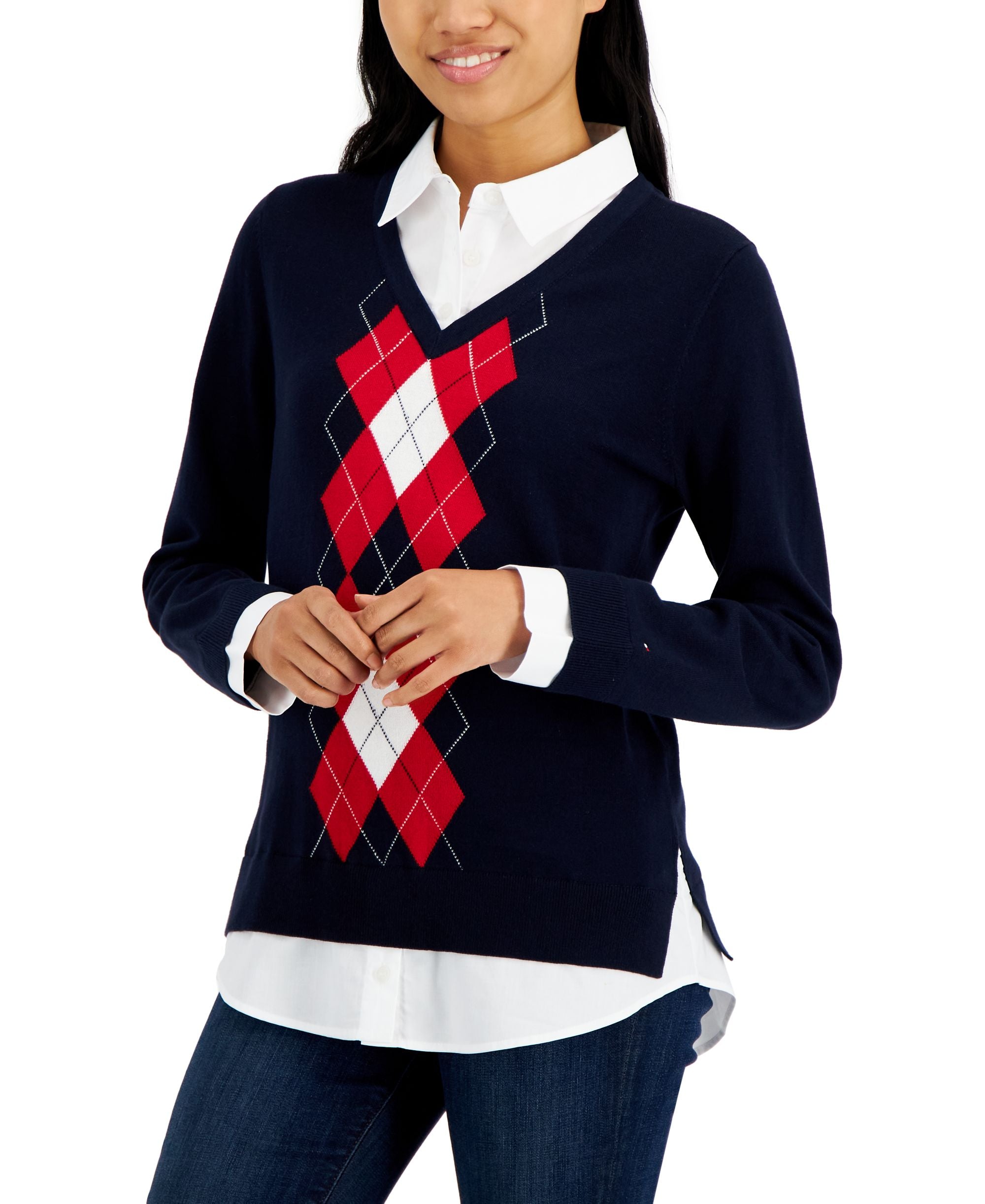 Tommy Hilfiger Womens Cotton Argyle Print Layered Look Sweater