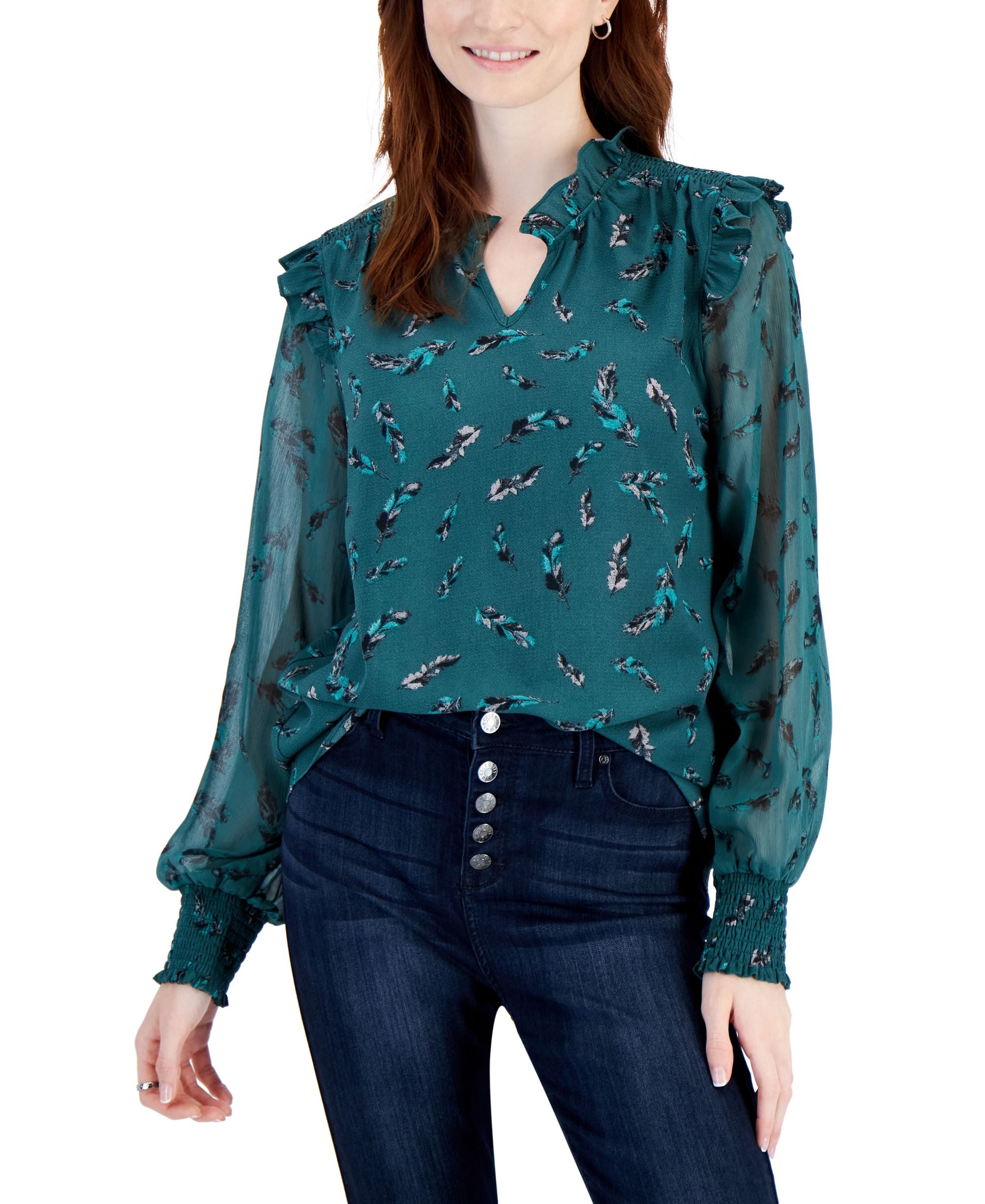 Fever Womens Smocked Cuff Split Neck Top