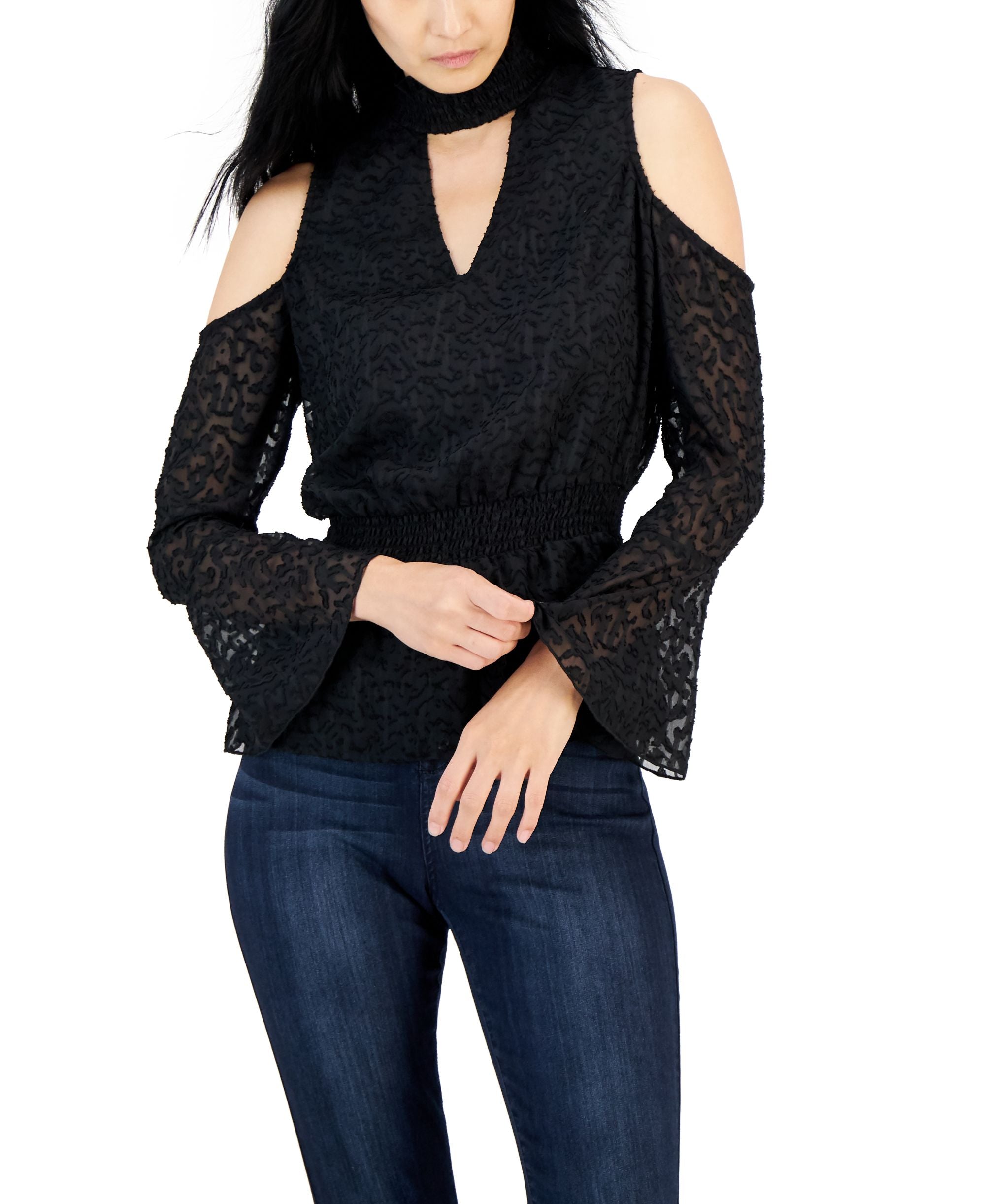Willow Drive Womens Cold Shoulder Smocked Waist Top