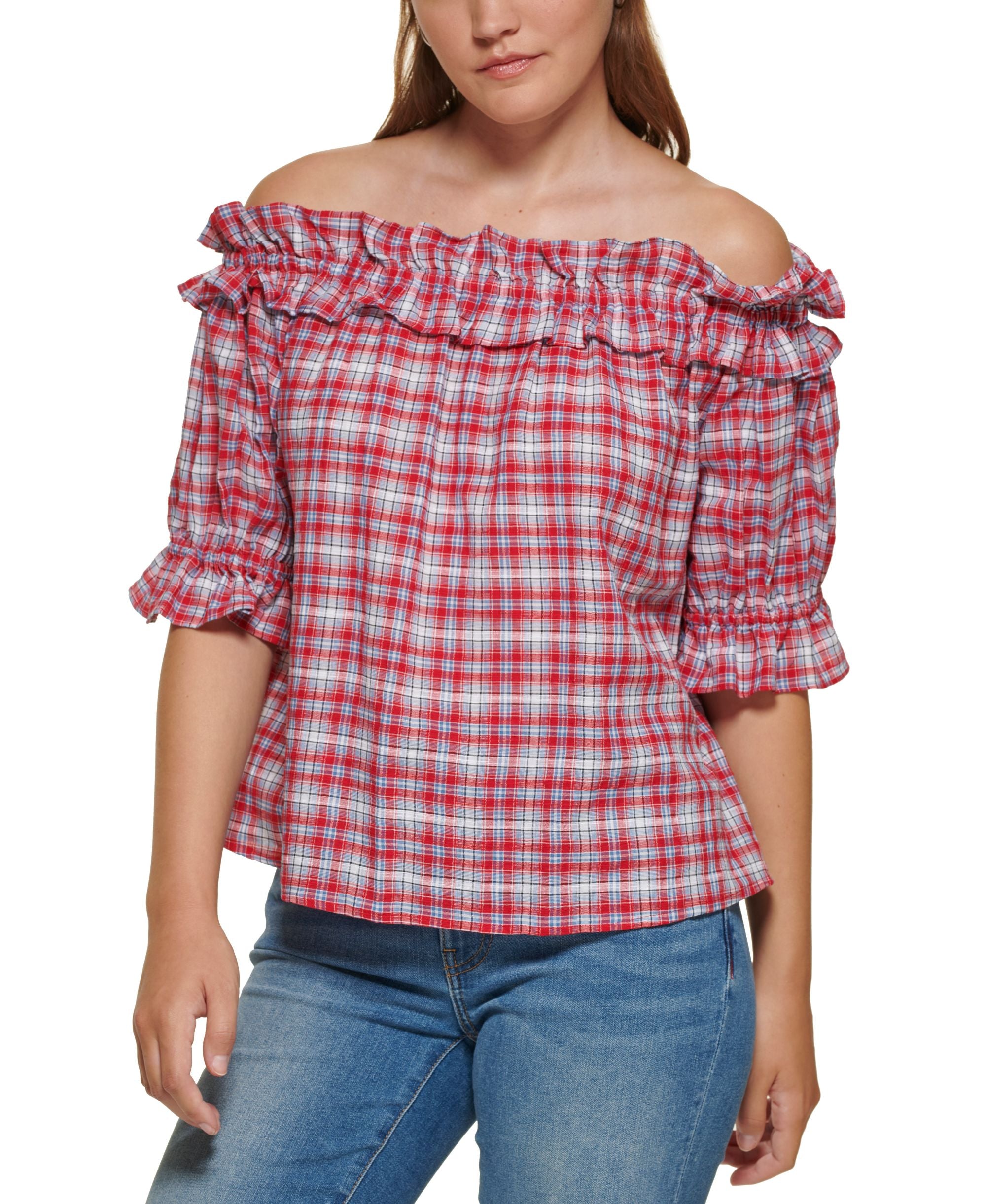 Tommy Hilfiger Womens Plaid Off The Shoulder Top