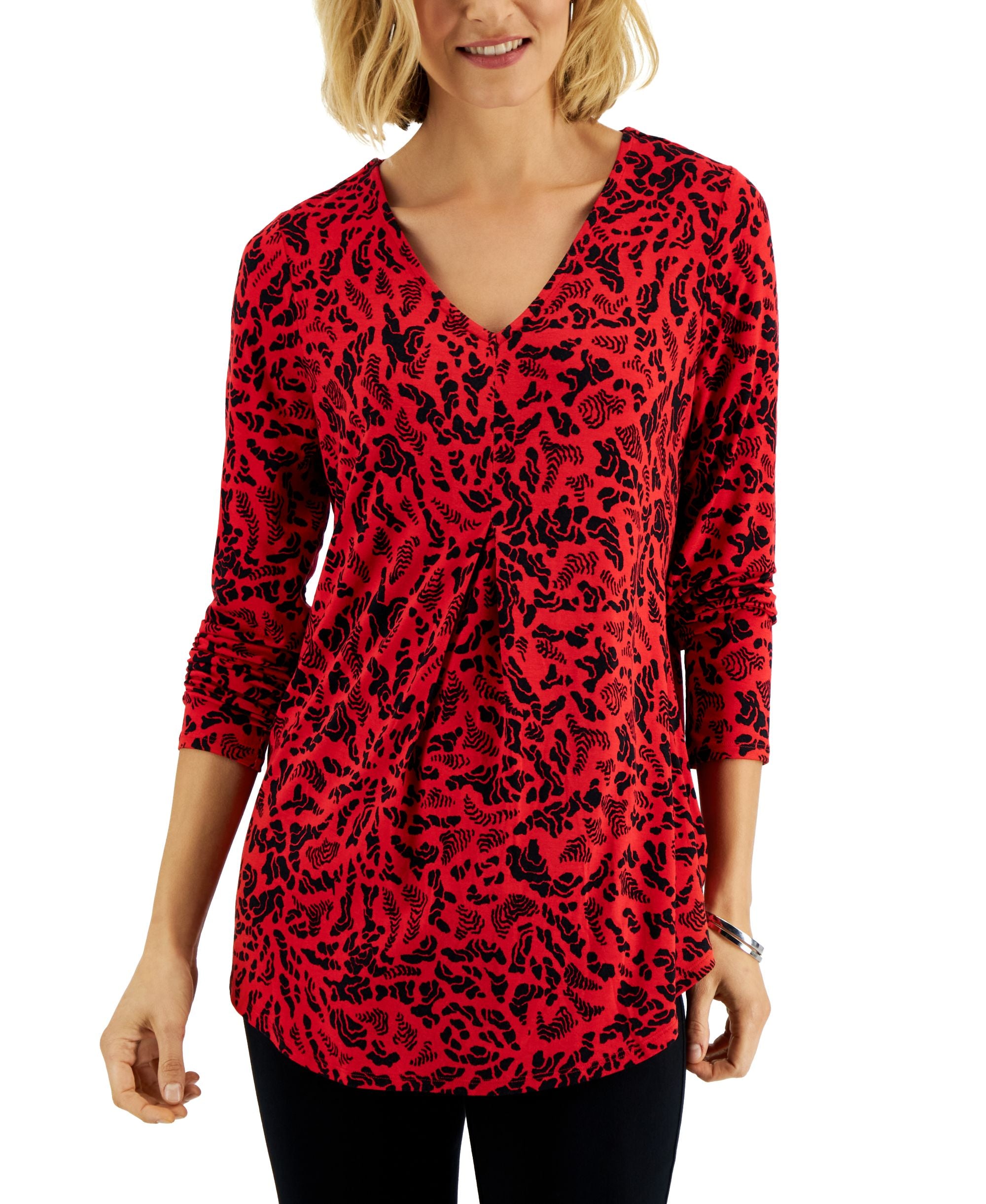 JM Collections Womens Printed 3/4 Sleeve V Neck Top