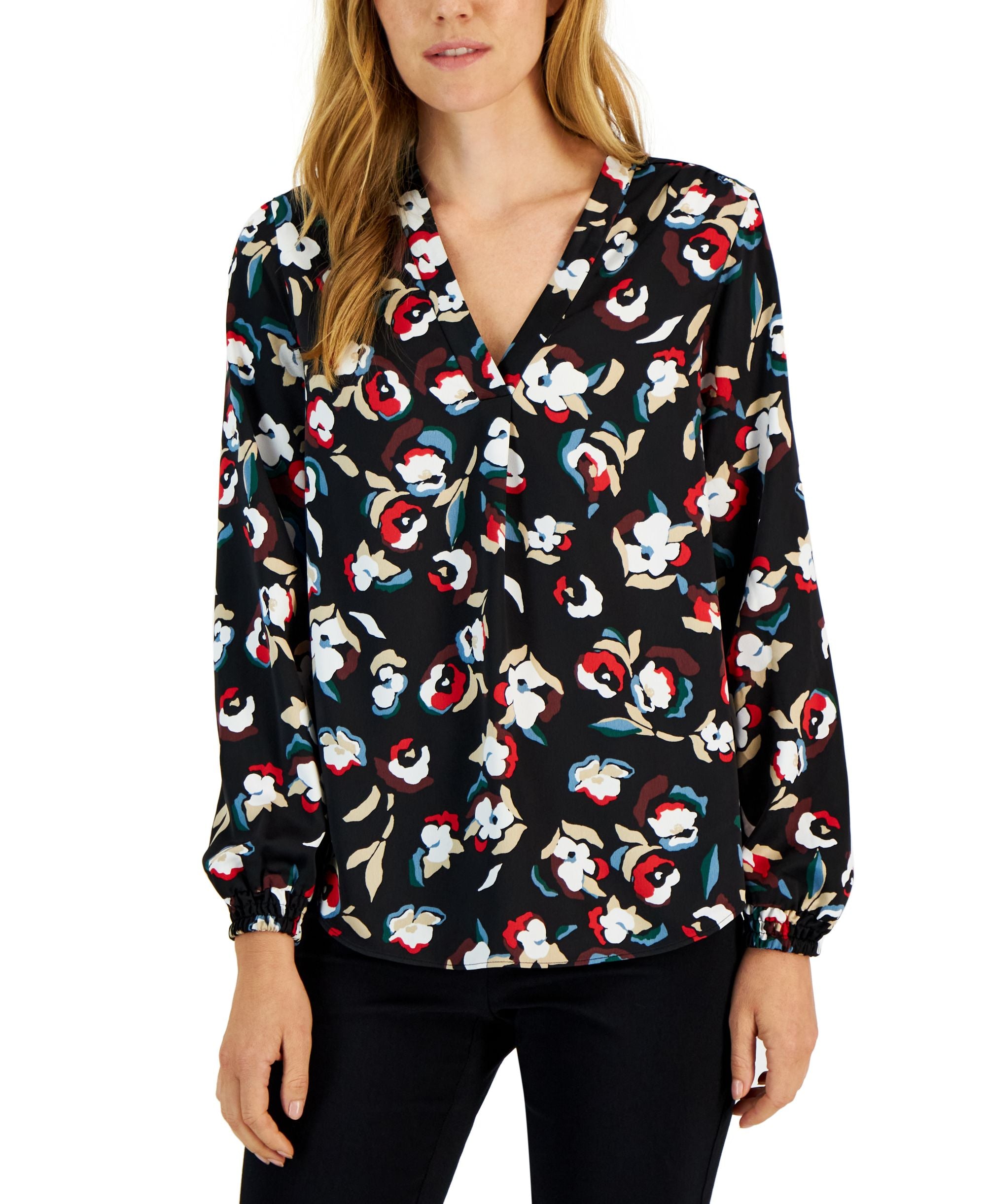 Alfani Womens Long Sleeve V Neck Blouse
