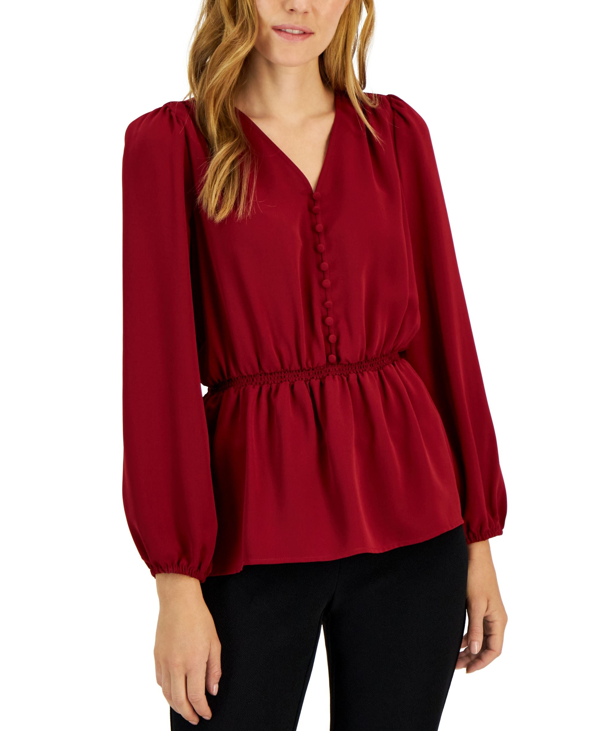 Alfani Womens V Neck Smocked Waist Top