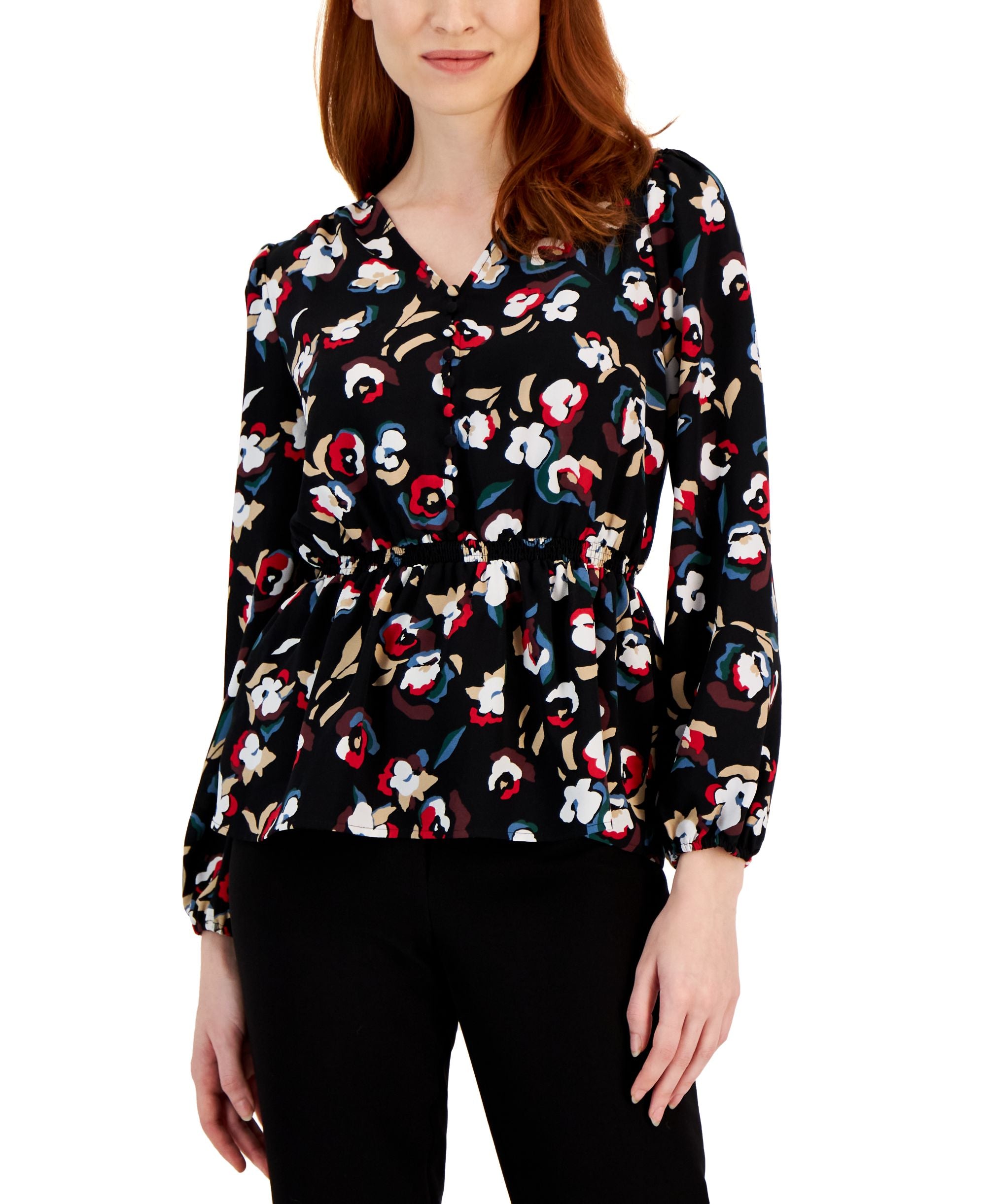 Alfani Womens Smocked Peplum V Neck Blouse