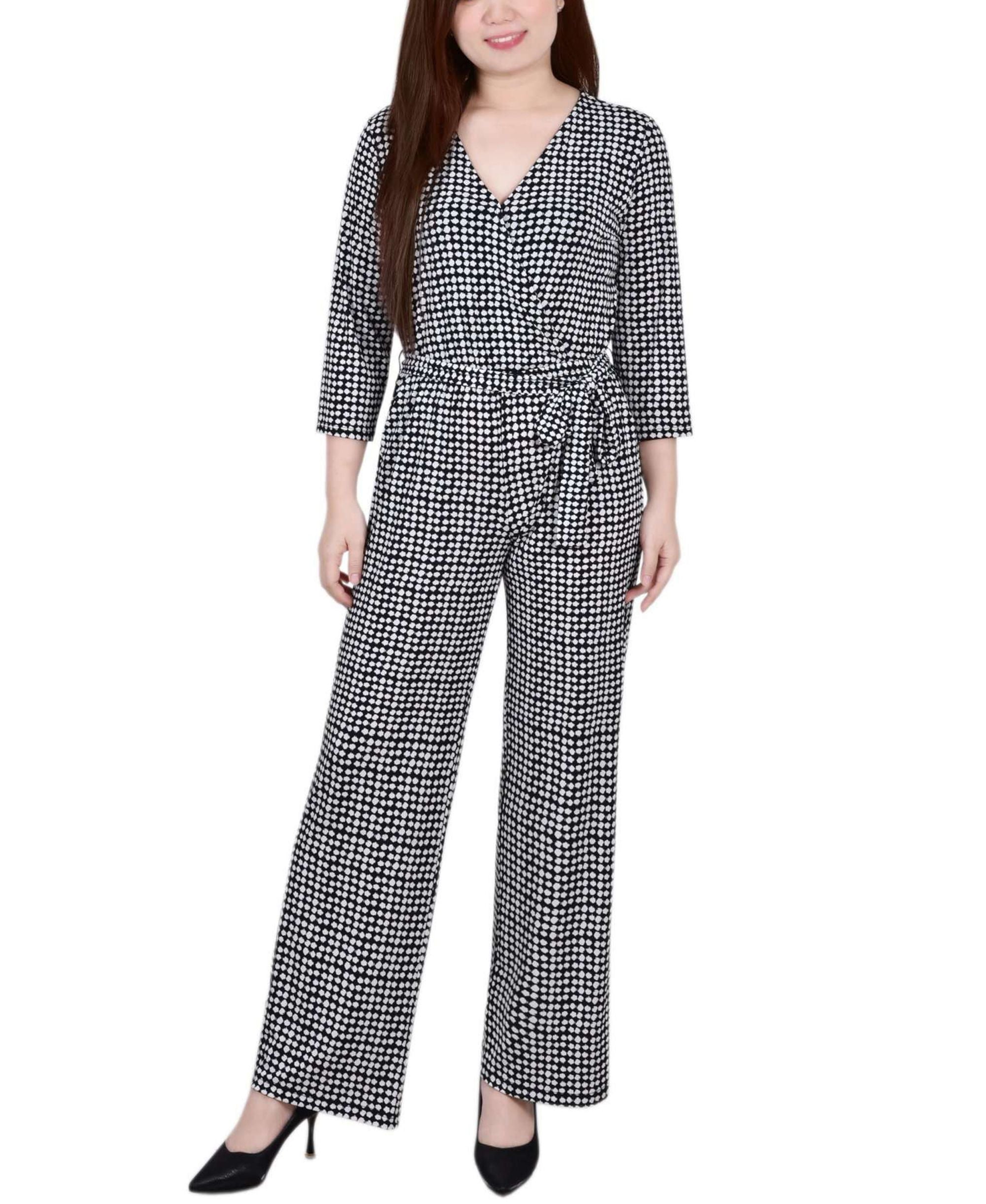 Petite 3/4 Sleeve Belted Wide Leg Jumpsuit