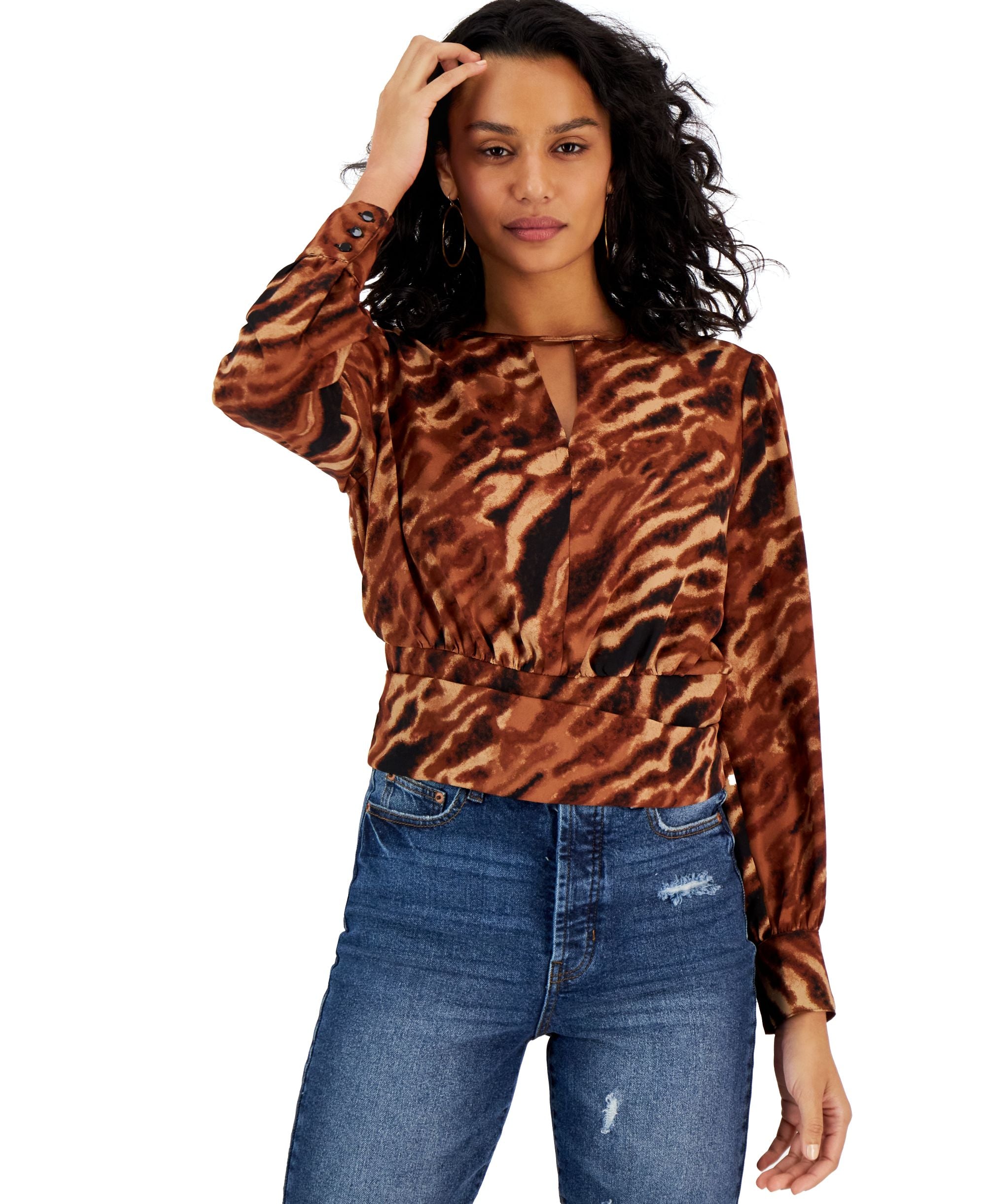 Bar III Womens Animal Print Keyhole Blouse