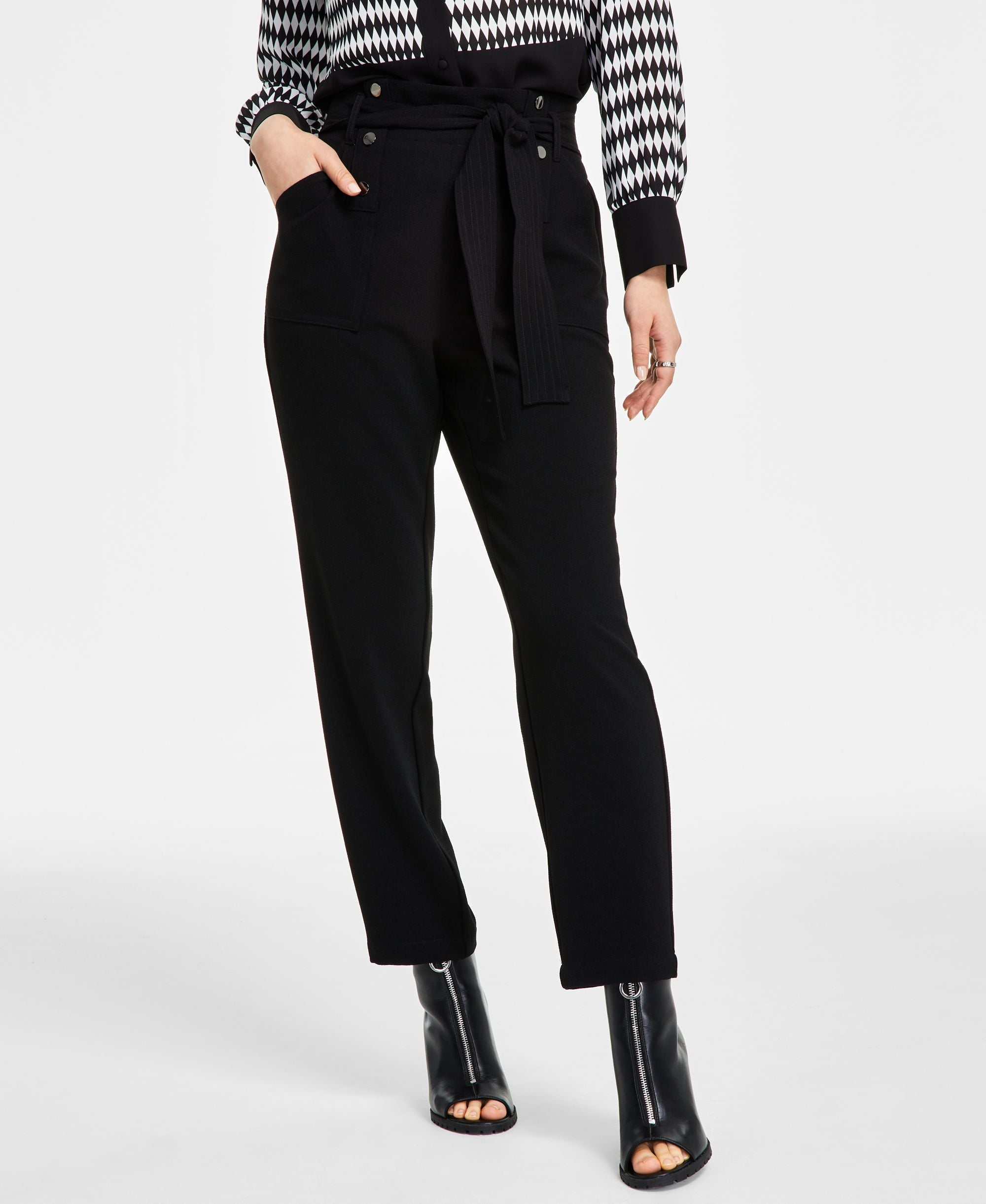 Bar III Womens Textured Crepe Tie Waist Pants