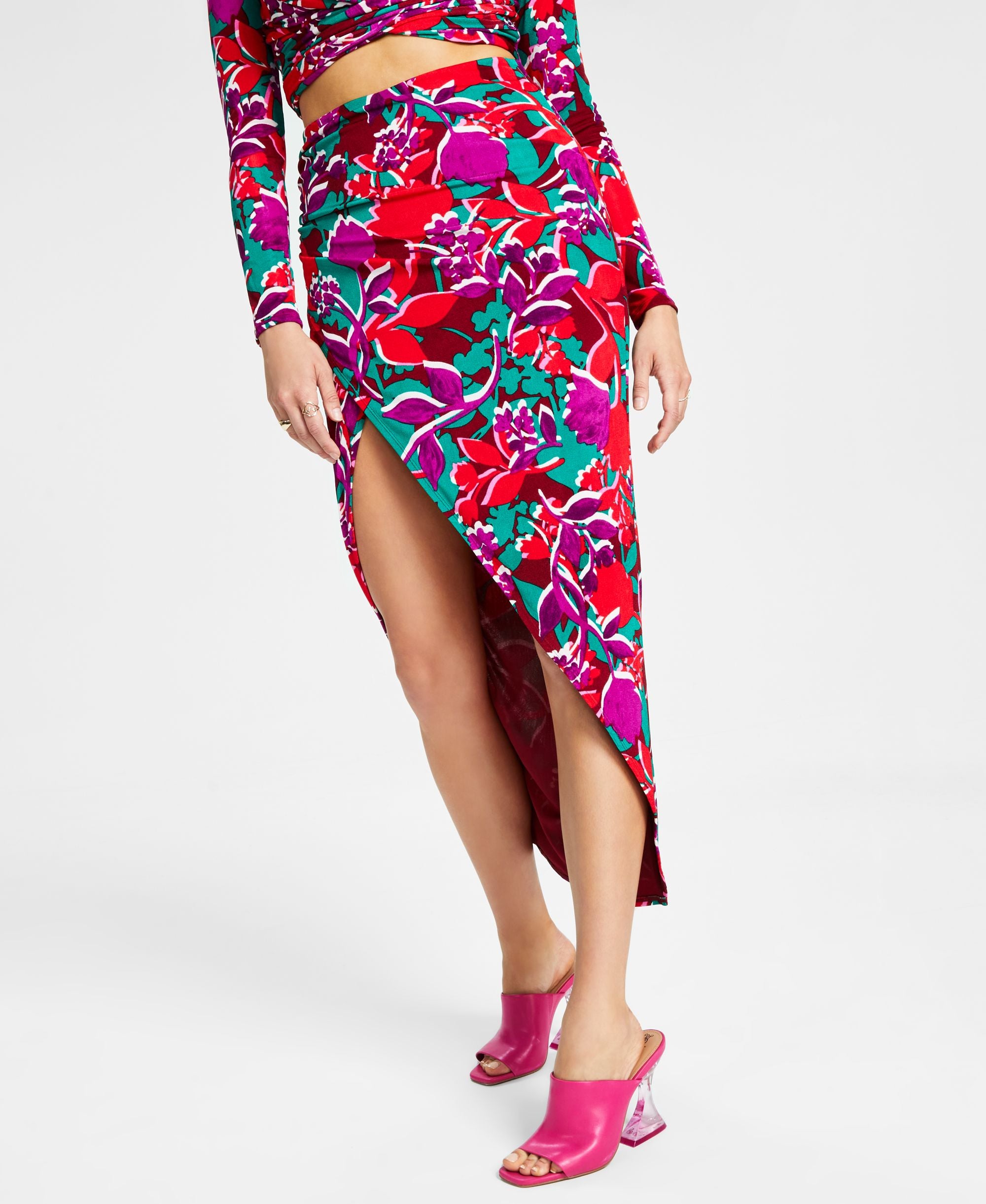 Women's Floral-Print High-Slit Pull-On Midi Skirt
