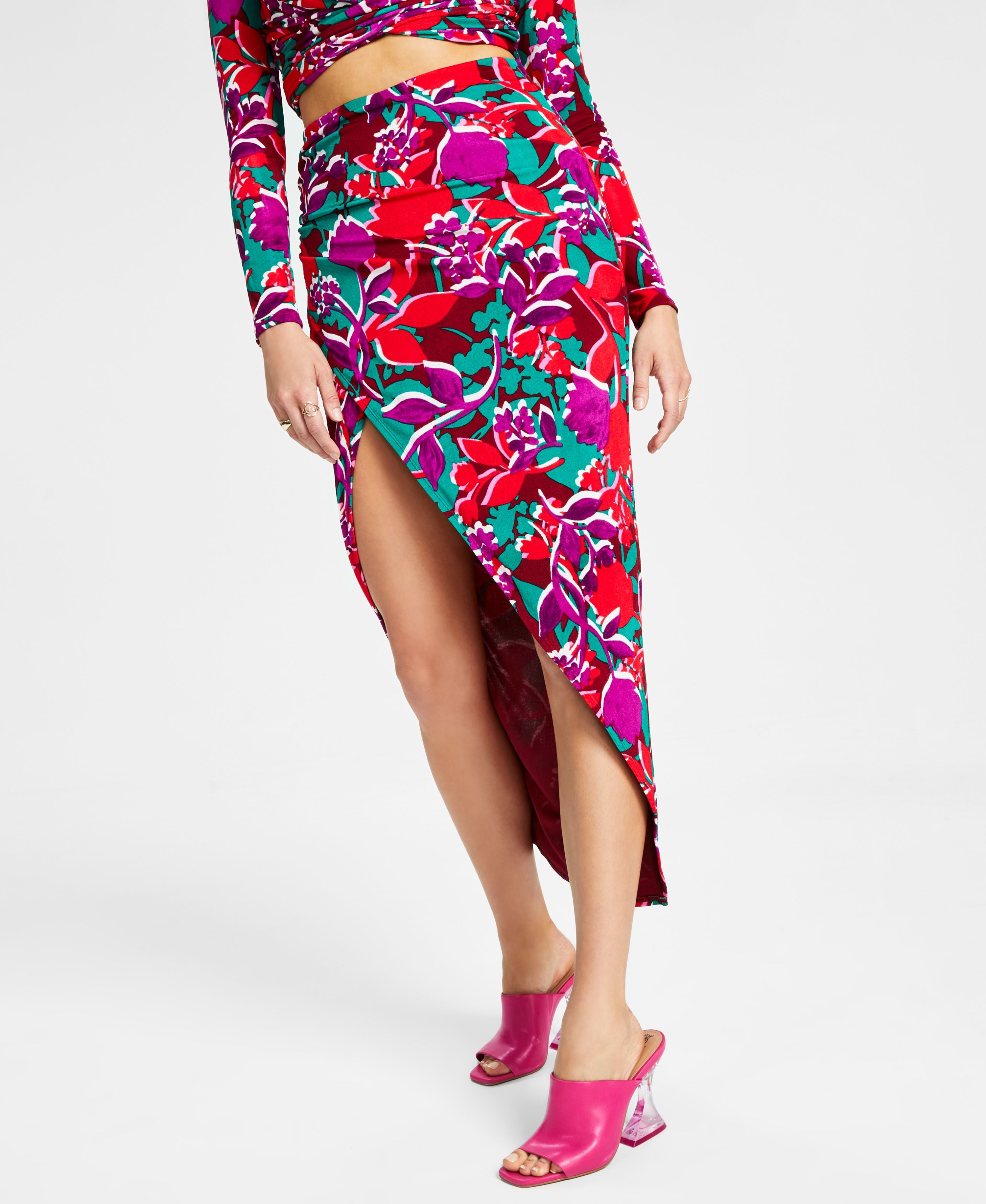 Women's Floral-Print High-Slit Pull-On Midi Skirt