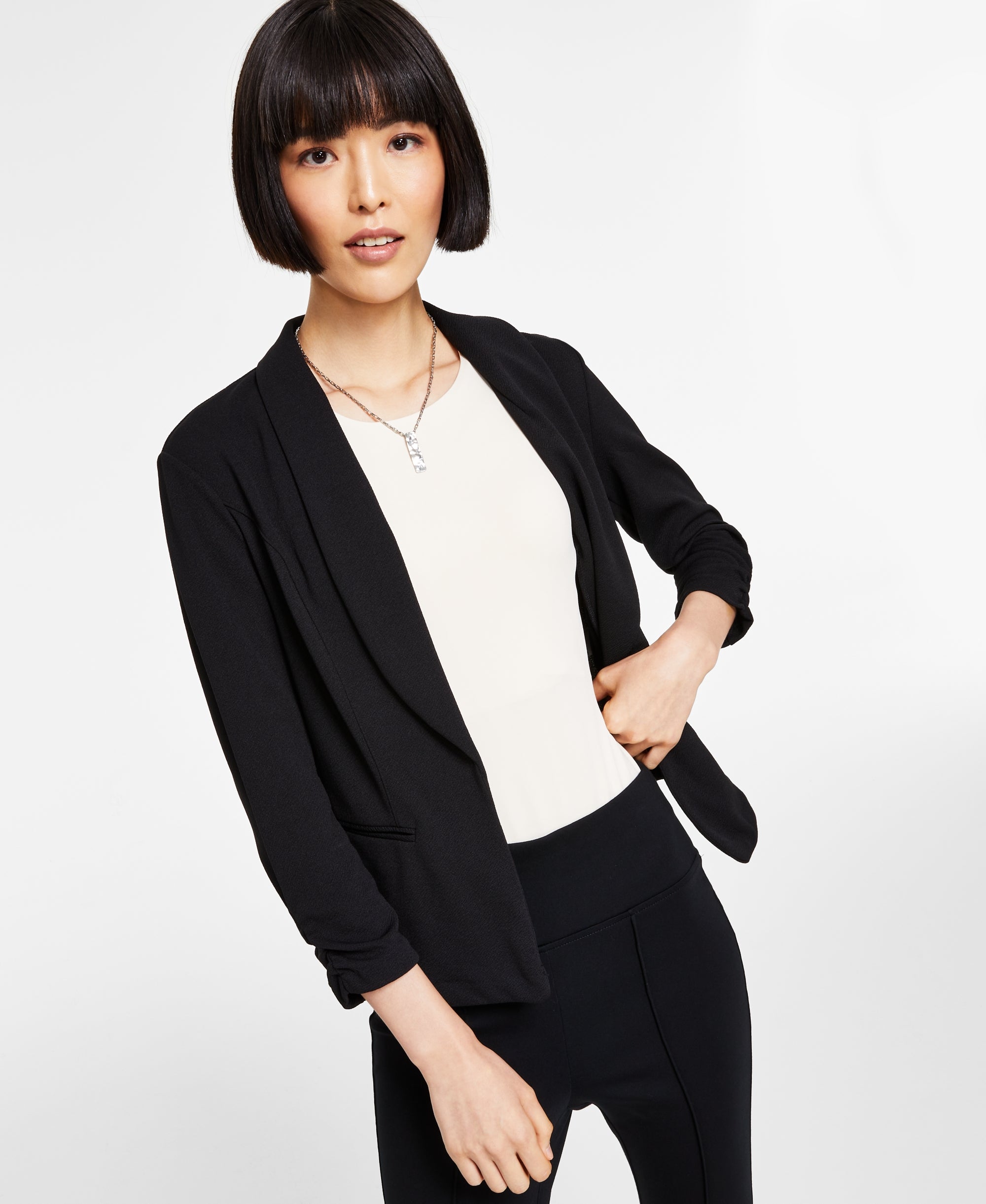 Knit-Crepe Ruched-Sleeve Blazer