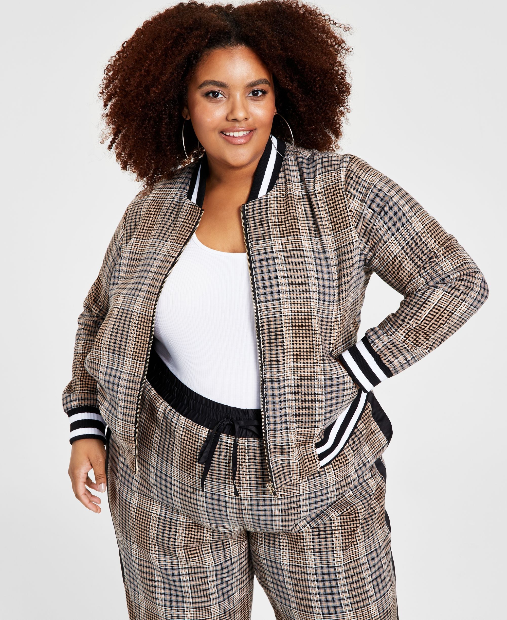 Trendy Plus Size Plaid Bomber Jacket