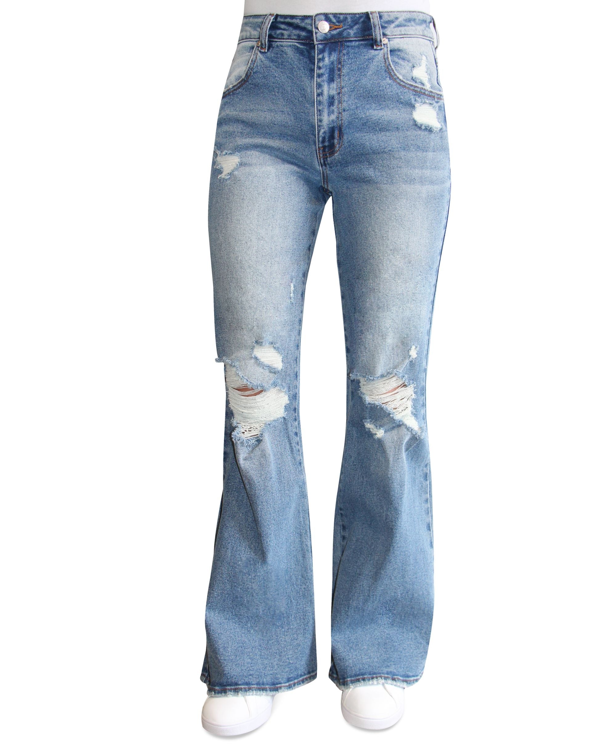 Juniors' Destructed '90s High Rise Flared Jeans