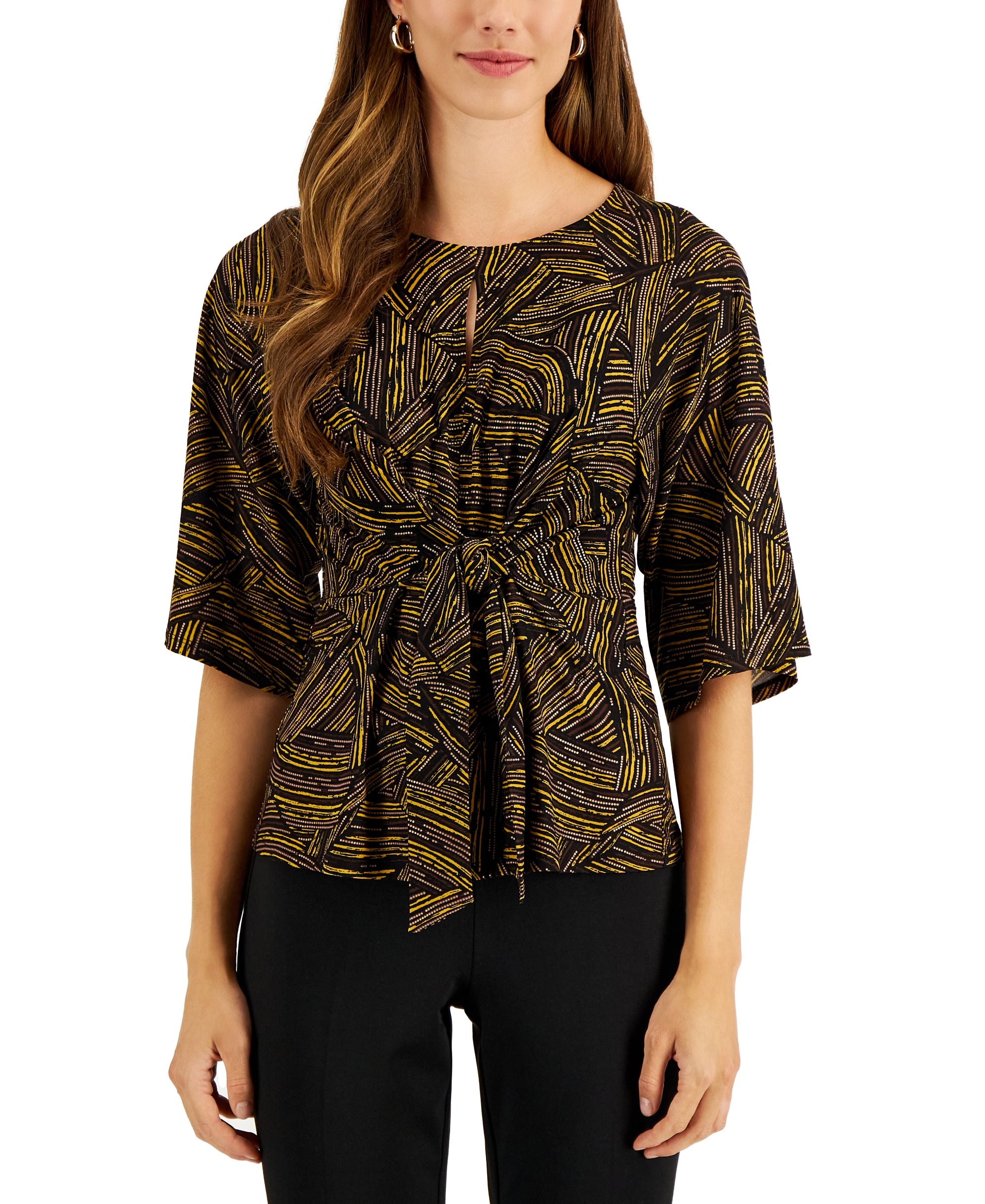 Women's Printed Elbow-Sleeve Tie-Waist Top
