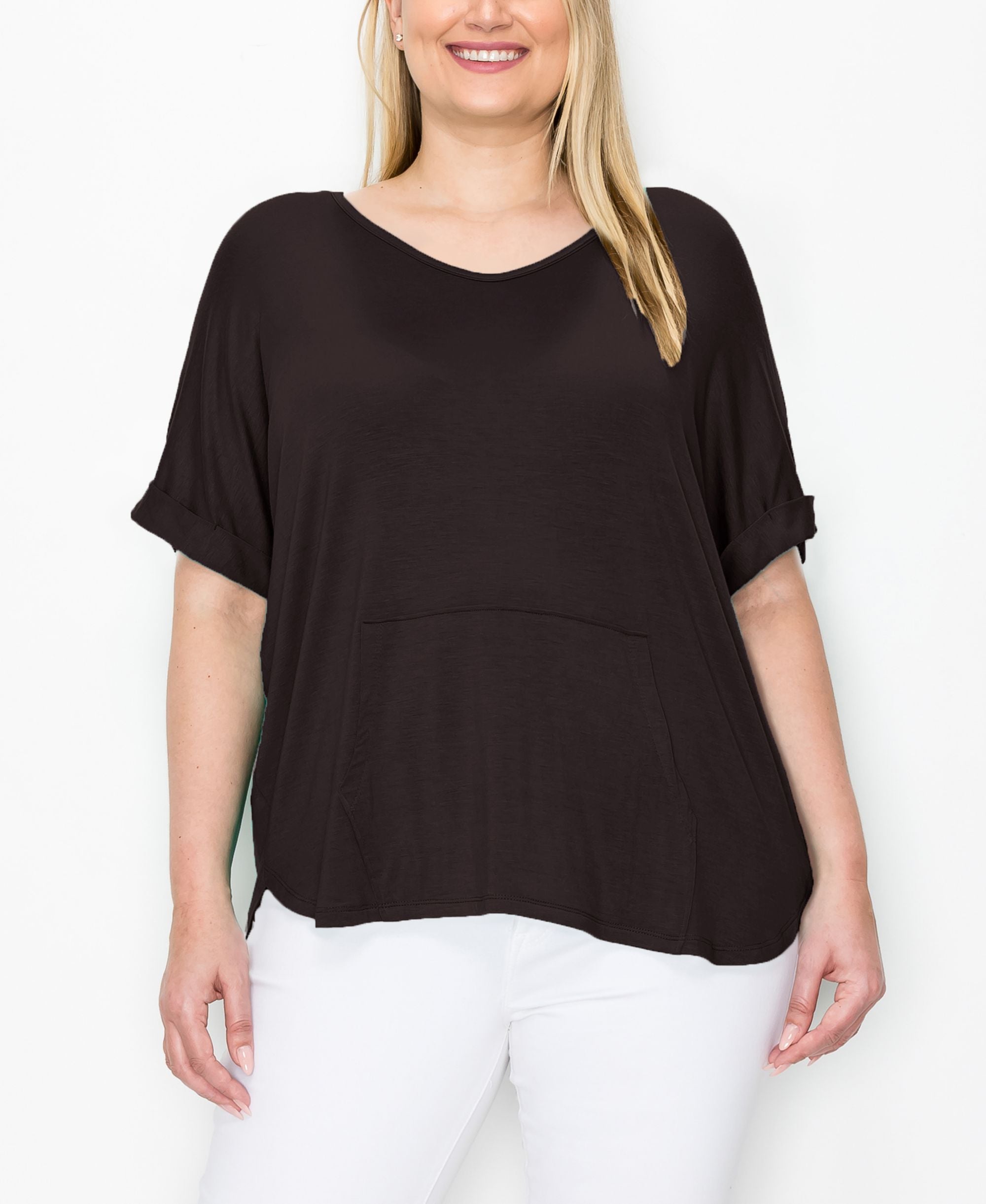 Plus Size Kangaroo Pocket Rolled Sleeve Hoodie