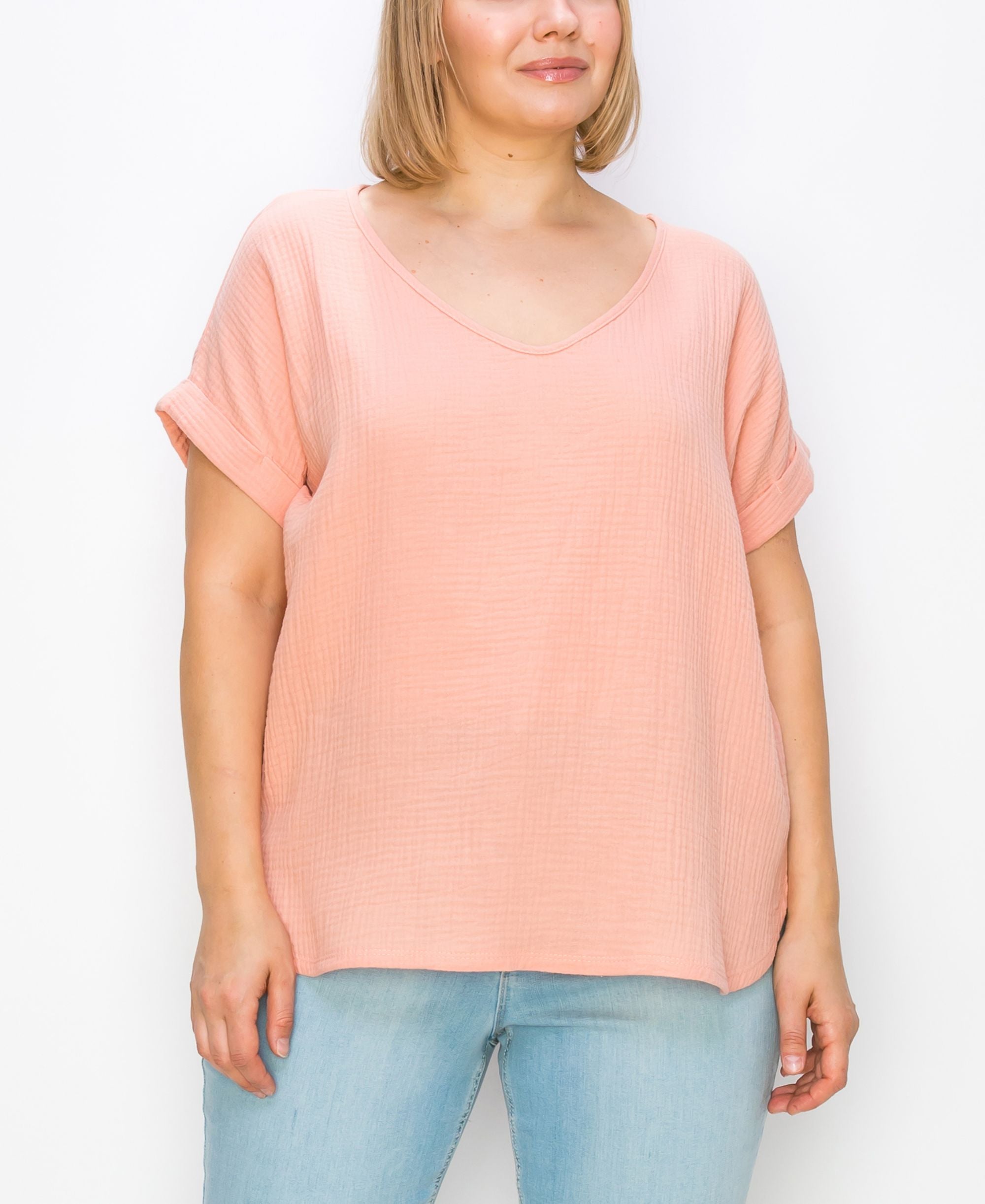 Plus Size Gauze V-neck Rolled Sleeve Top