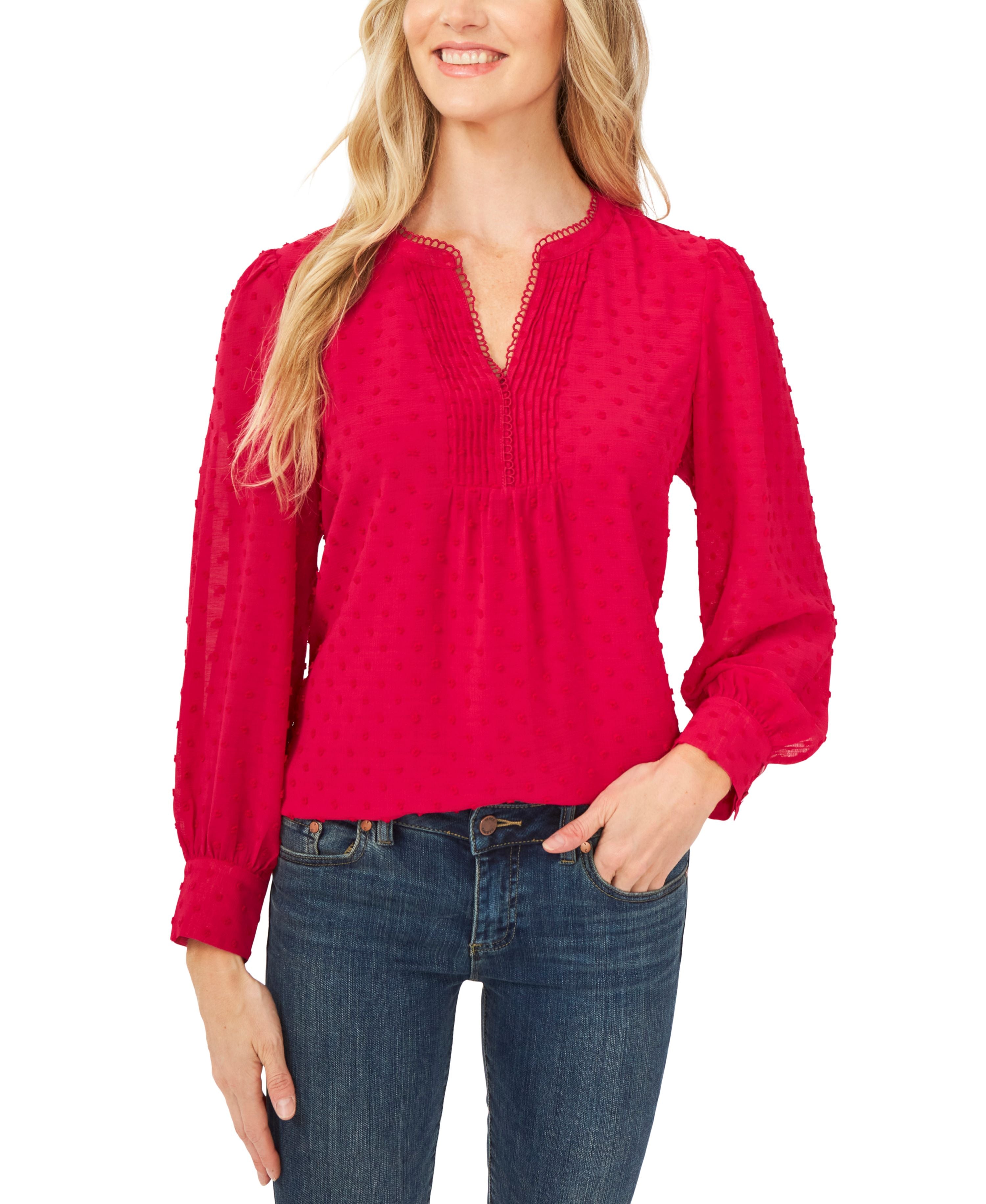 Women's V-Neck Long Sleeve Button Cuff Clip-Dot Blouse
