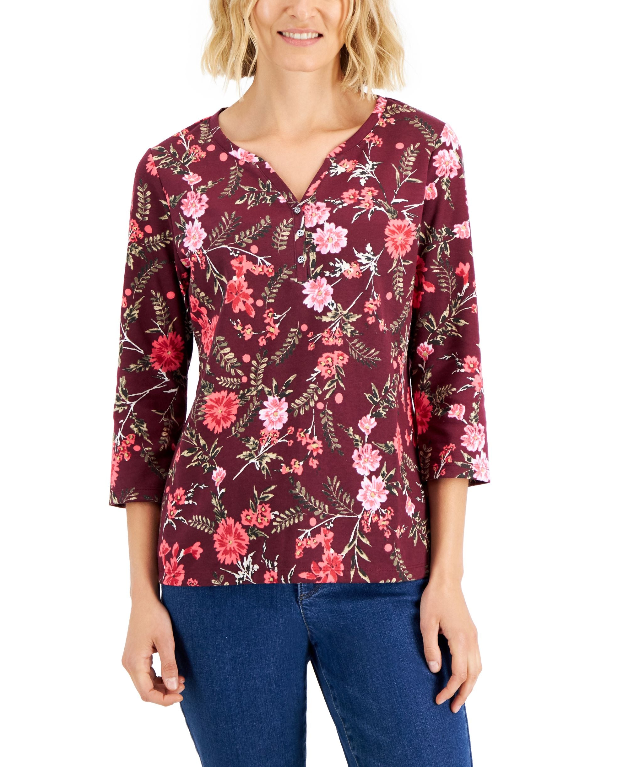 Karen Scott Petite Floral Boutique Henley Top