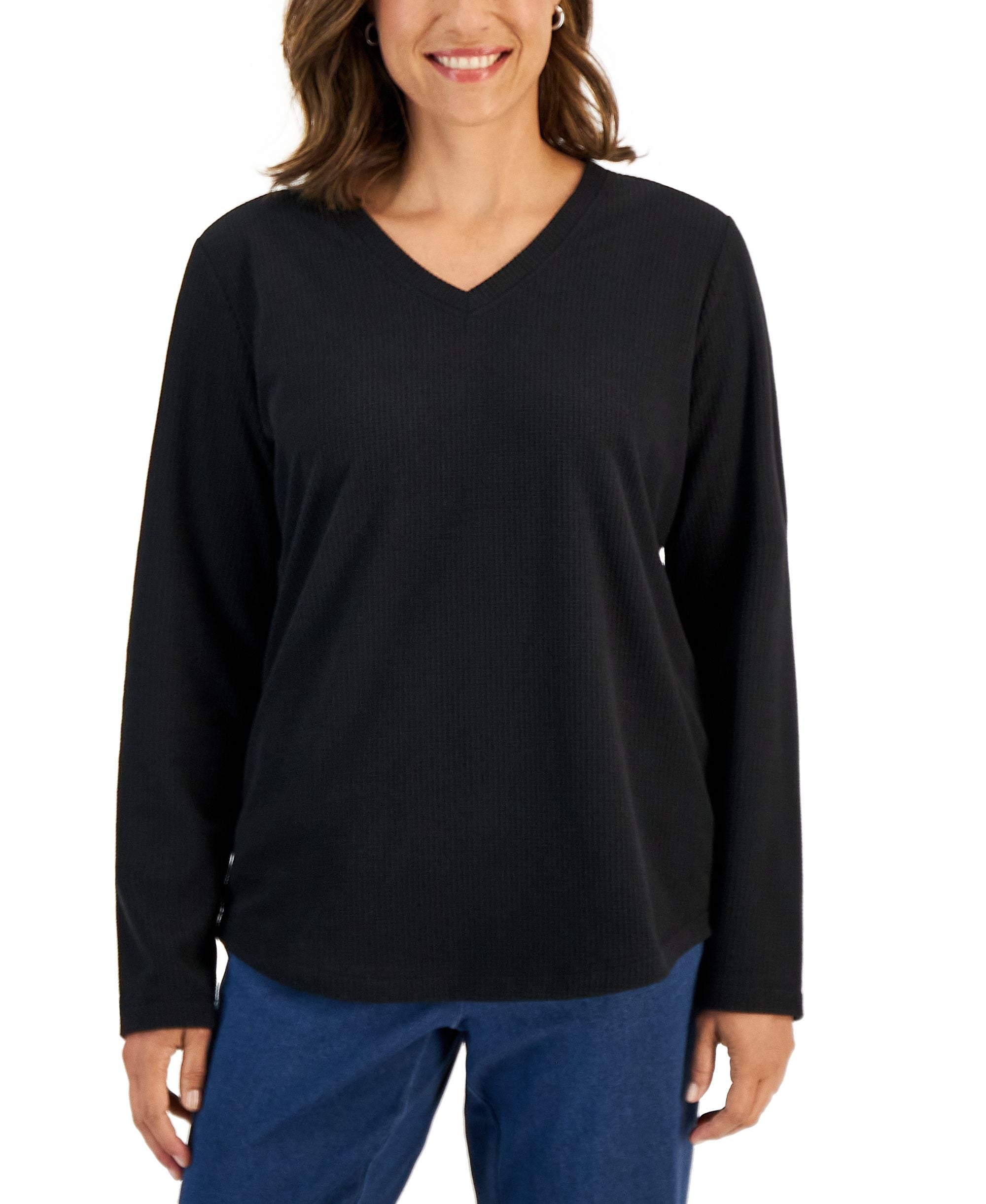 Karen Scott Petite V Neck Long Sleeve Microfleece Top