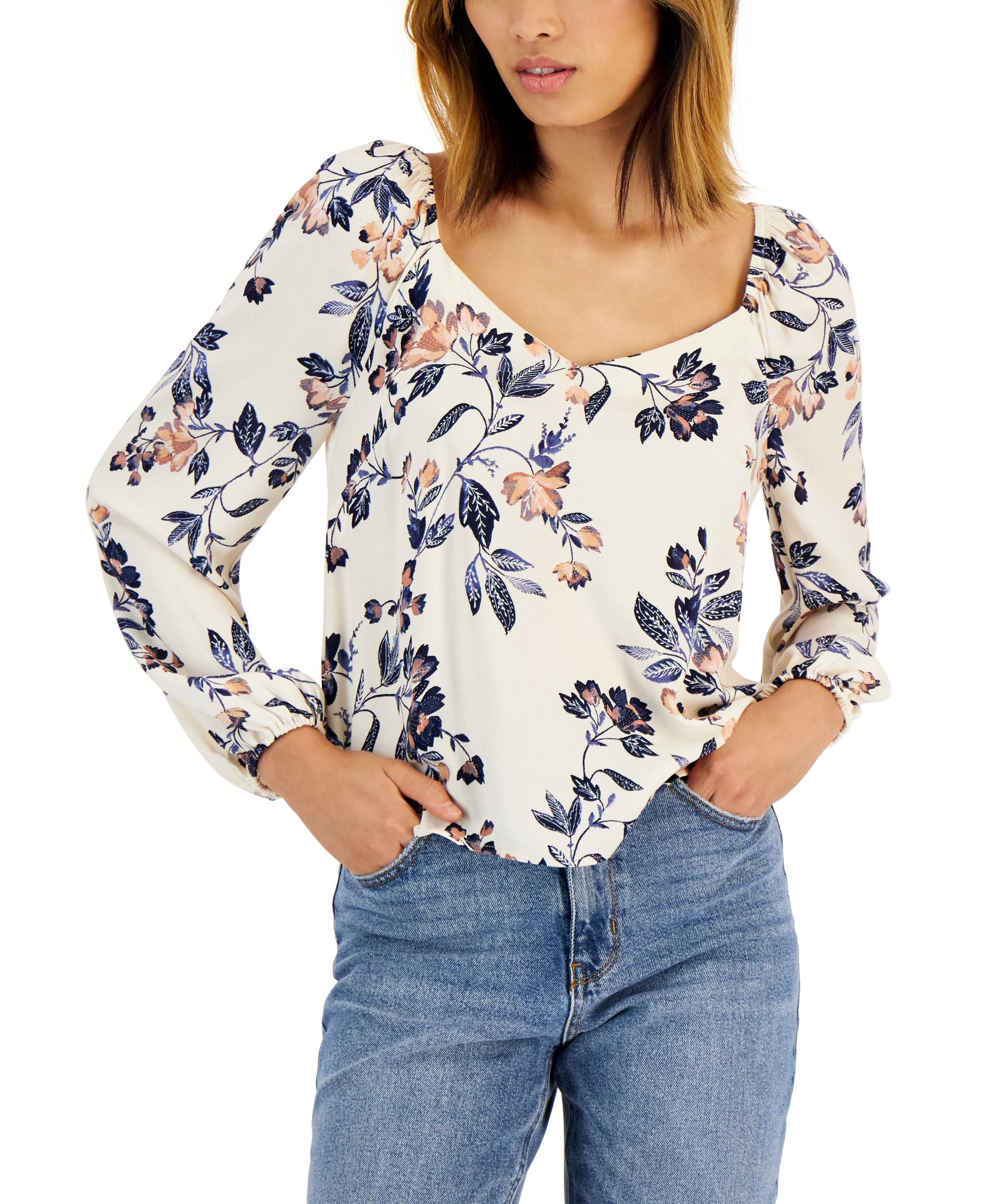 Petite Floral-Print Peasant Blouse