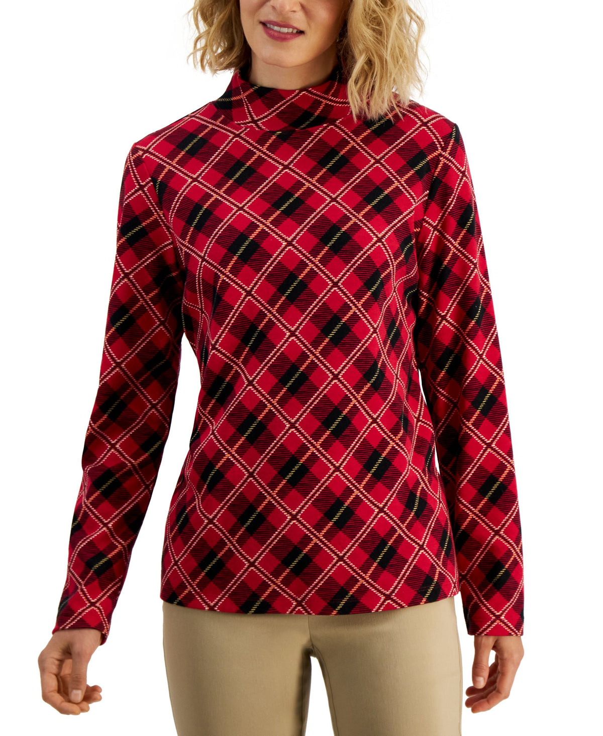 Karen Scott Womens Plaid Mock Neck Top