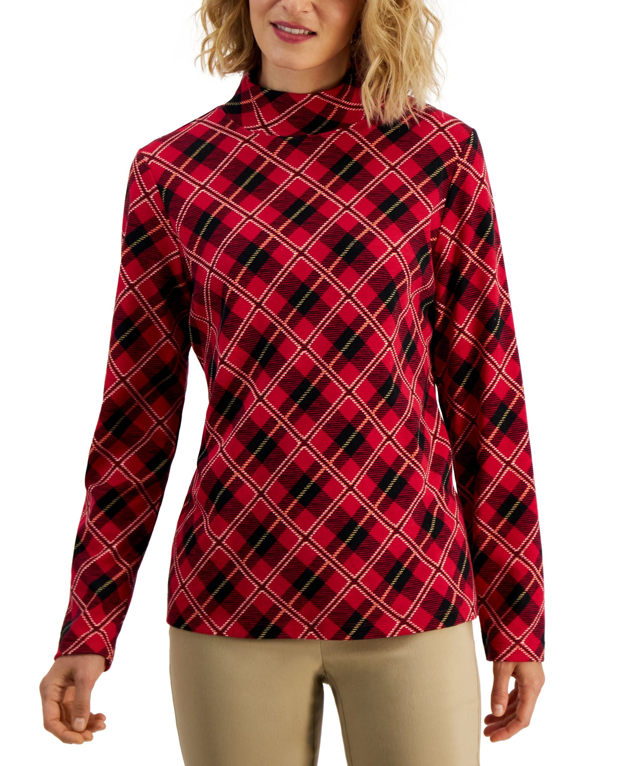 Karen Scott Womens Plaid Mock Neck Top
