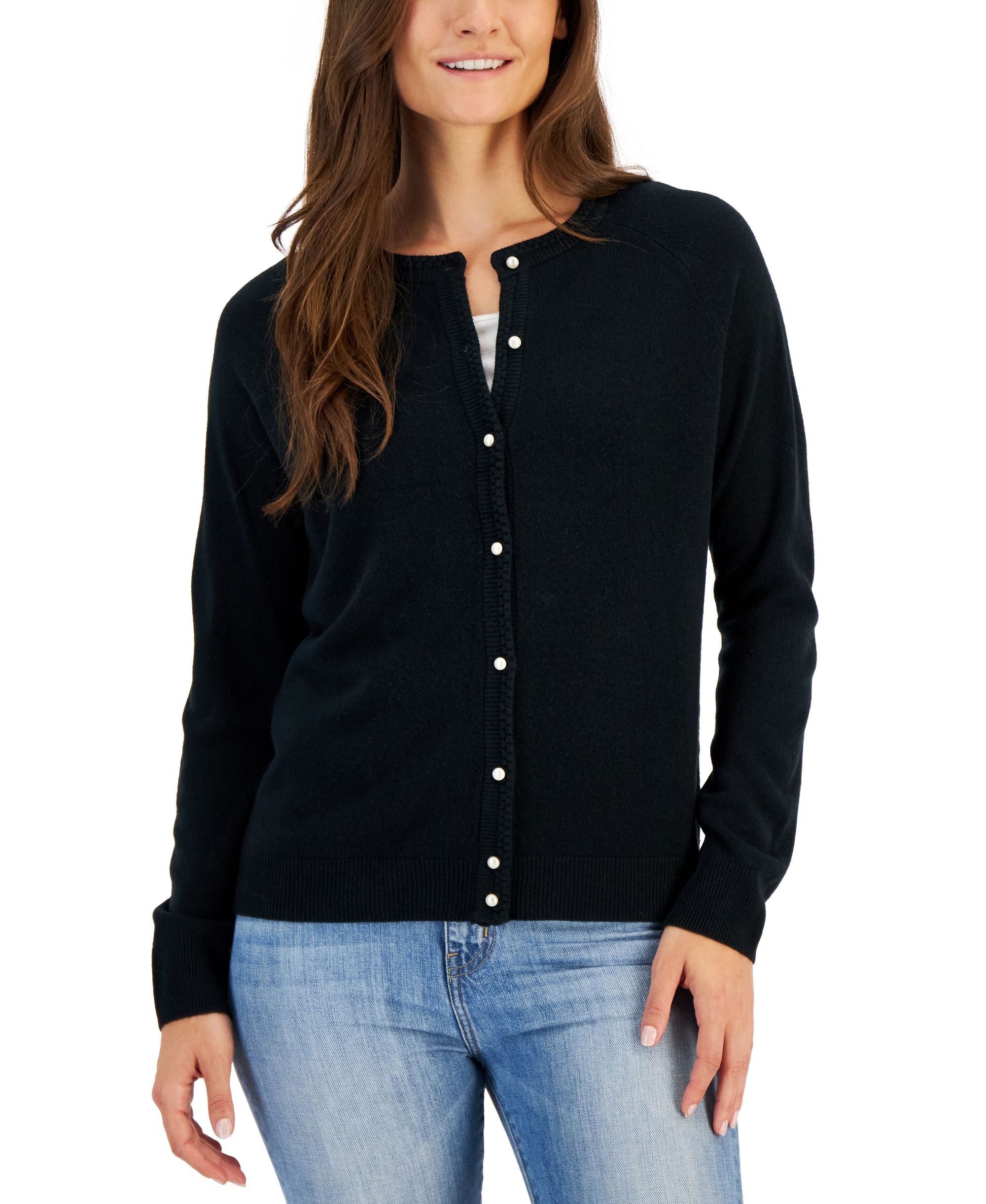 Petite Luxe Soft Faux Pearl-Button Cardigan