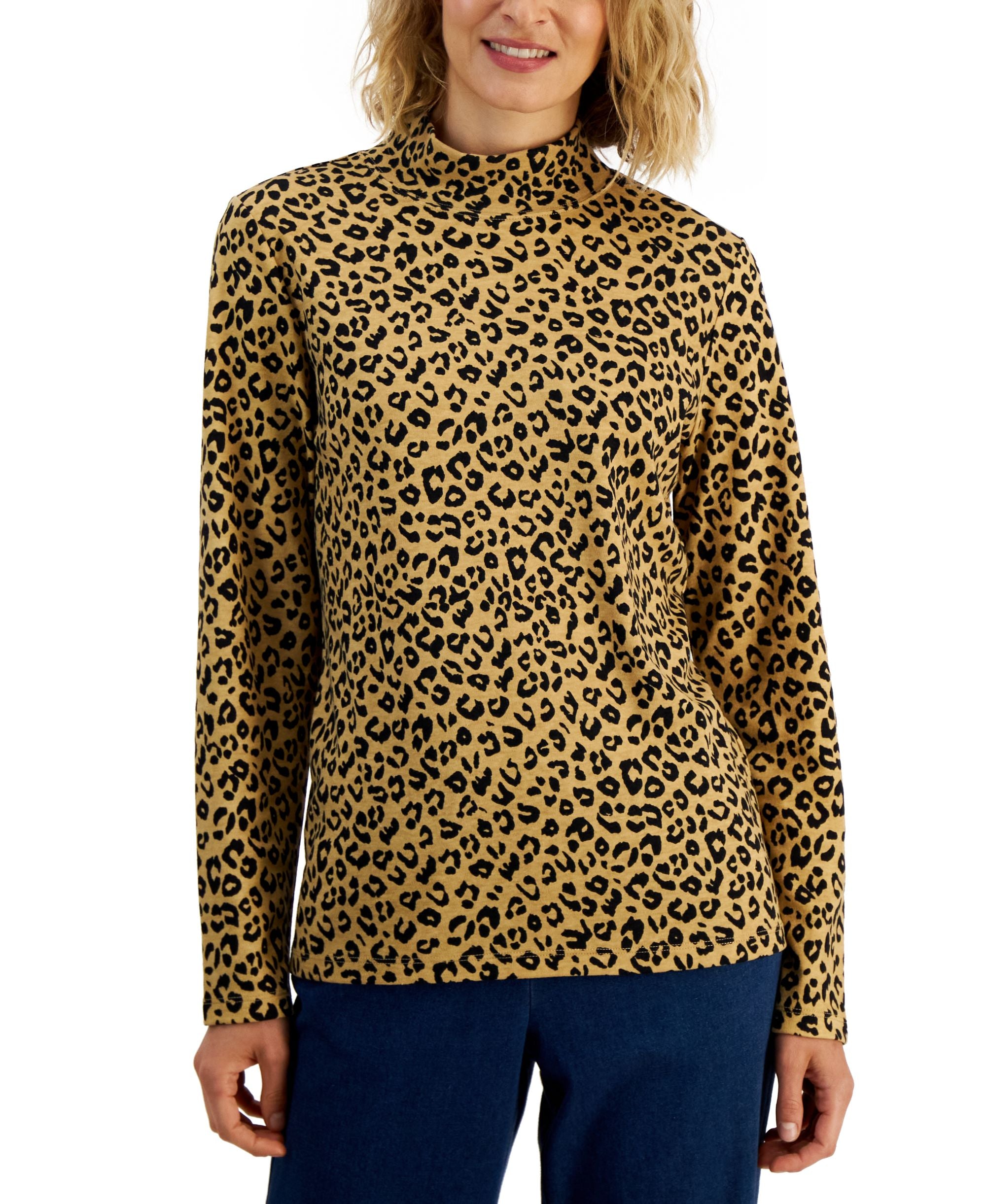 Karen Scott Petite Leopard Flow Mock Turtleneck Top