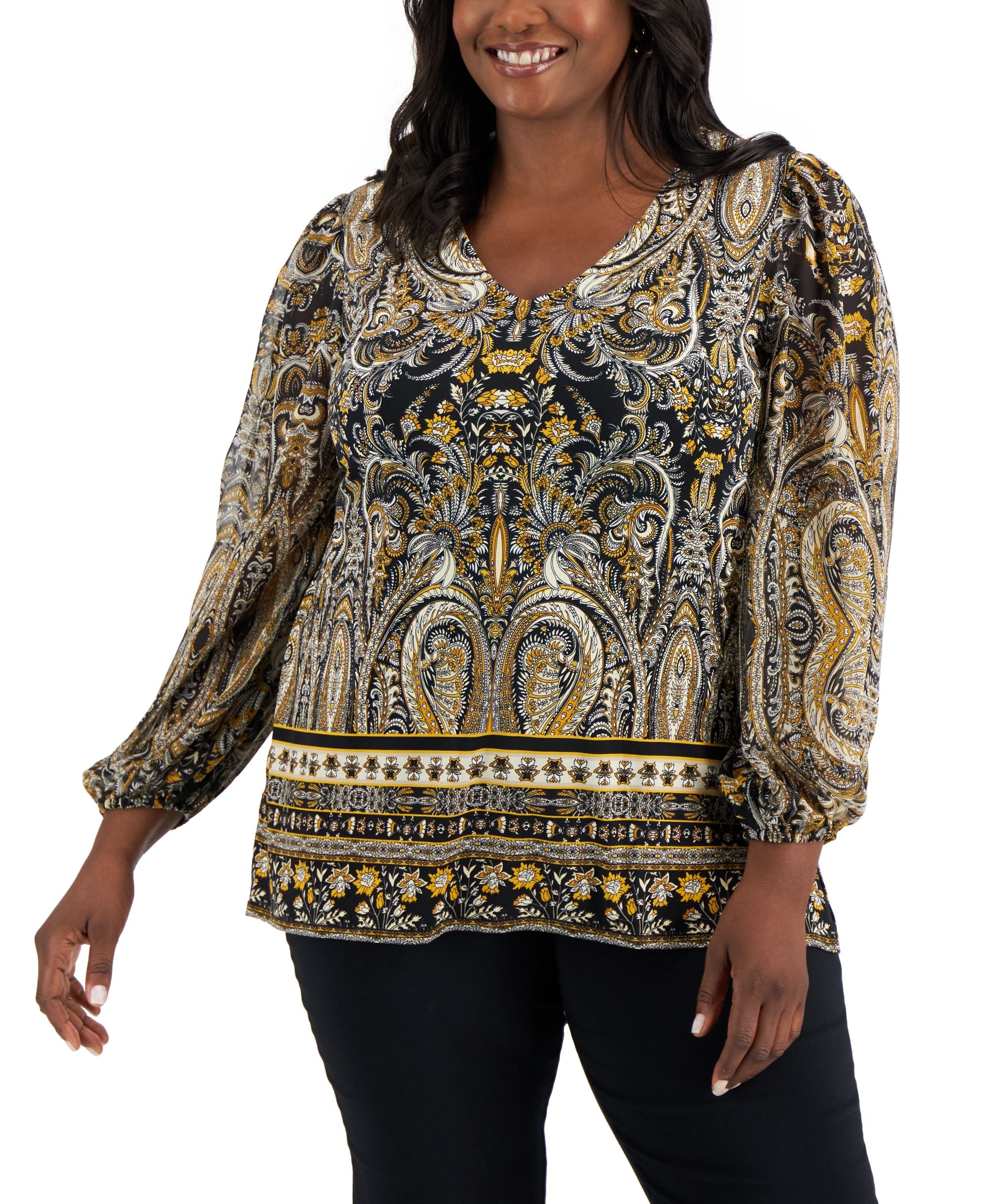 Plus Size Paisley-Print Split-Sleeve Top