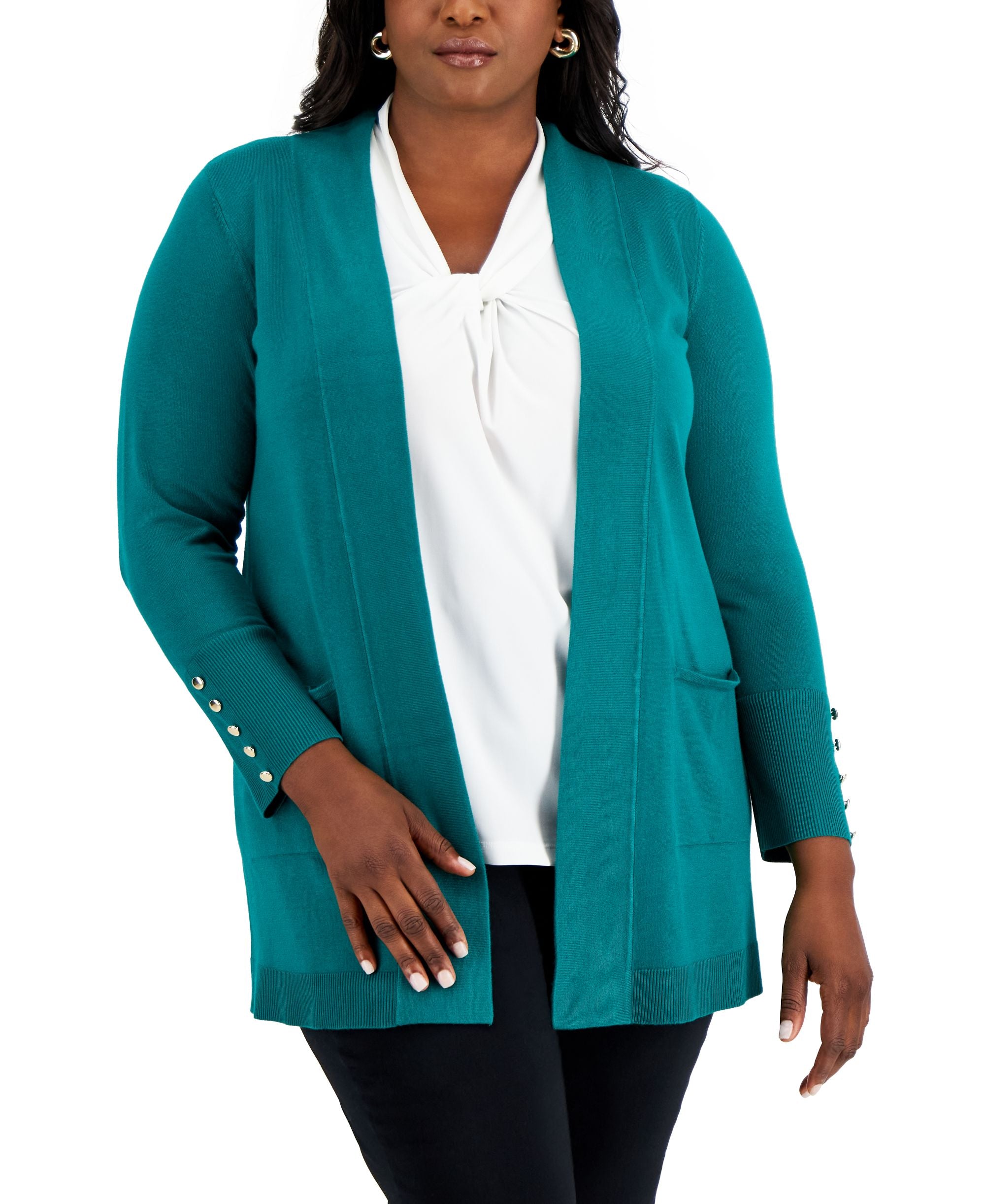 JM Collection Plus Size Button Sleeve Flyaway Cardigan Sweater