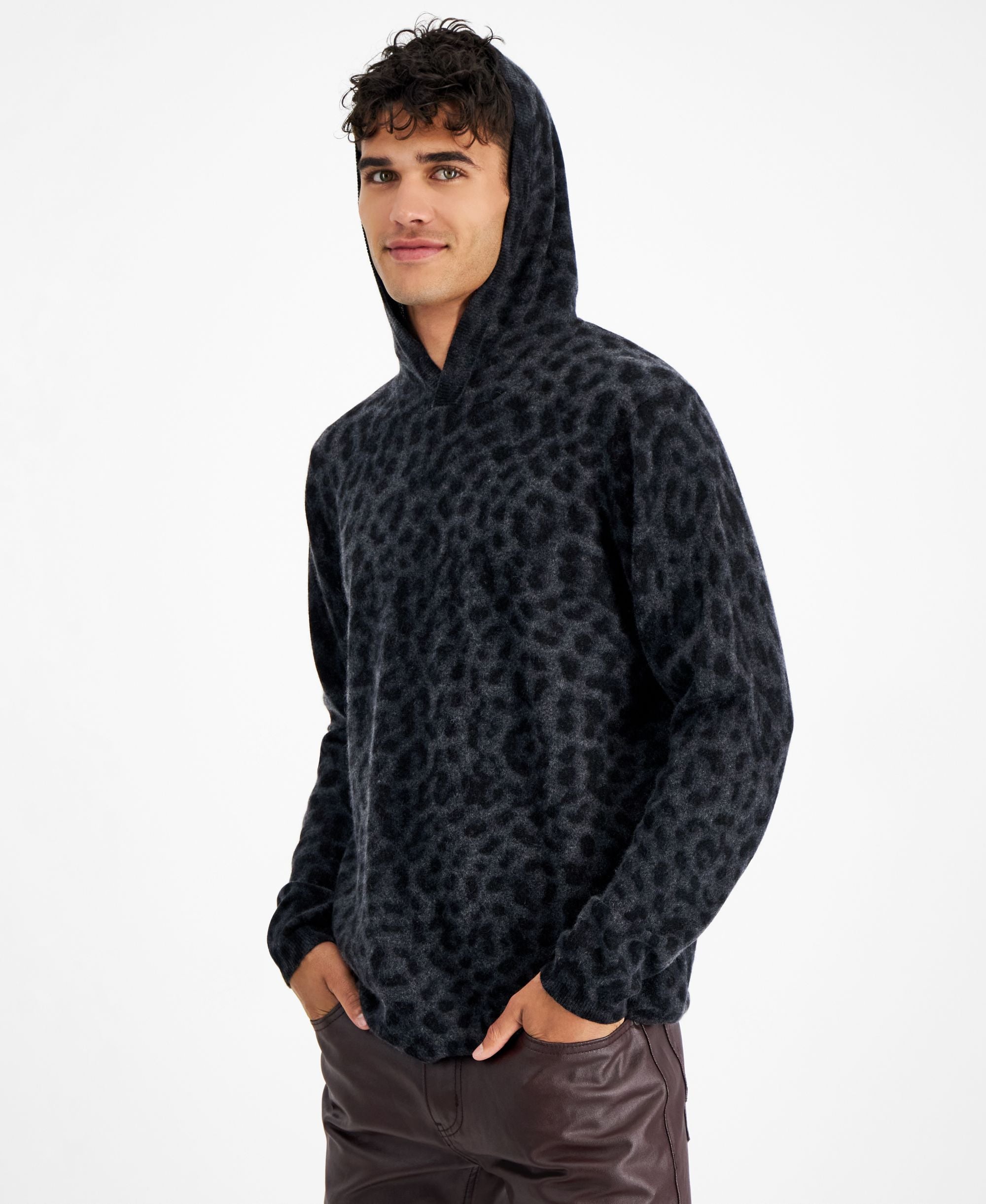 INC International Concepts Mens Cashmere Cheetah Print Hoodie
