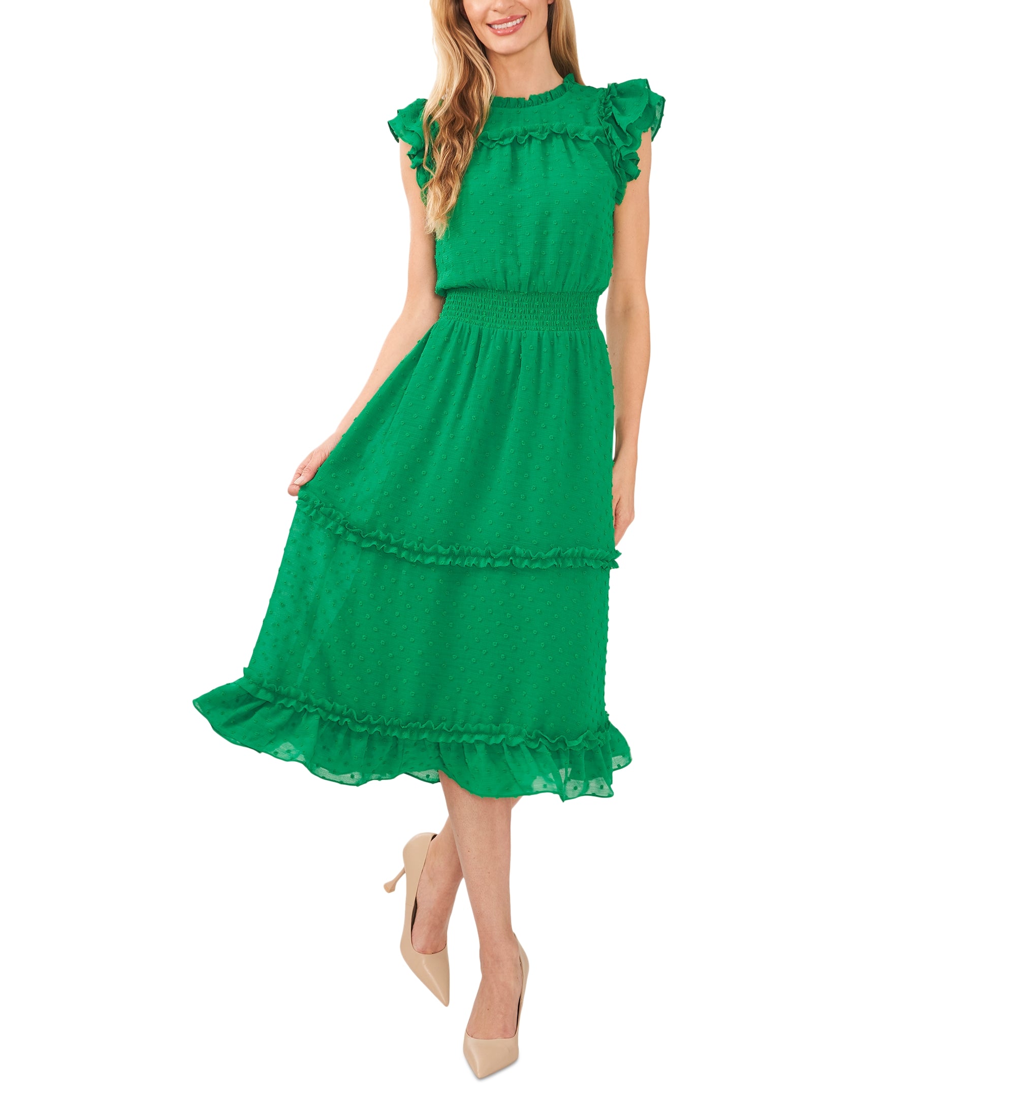 Women's Ruffled Flutter Sleeve Swiss Dot Midi Dress