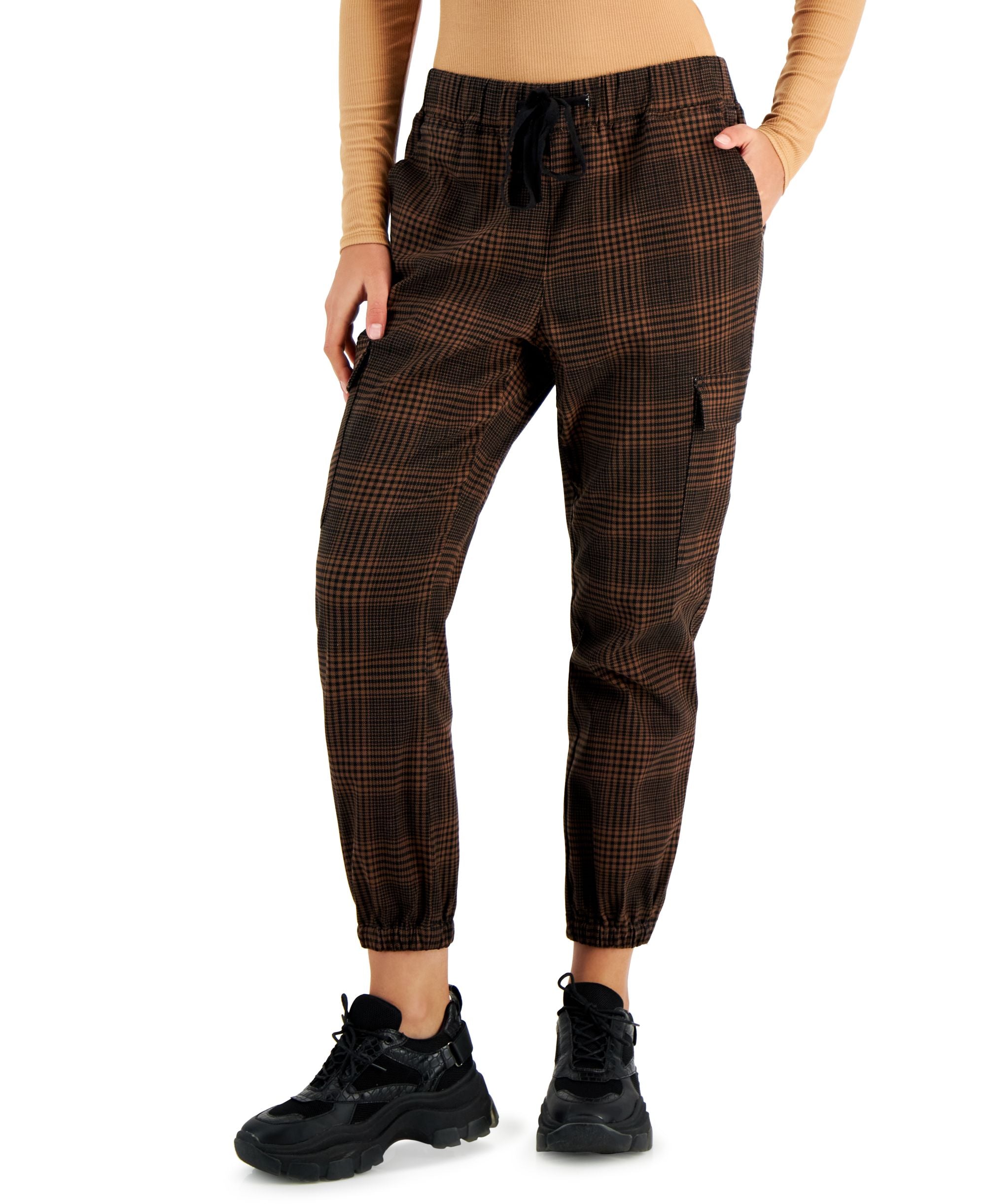 Juniors' Plaid Cargo Pull-On Jogger Pants
