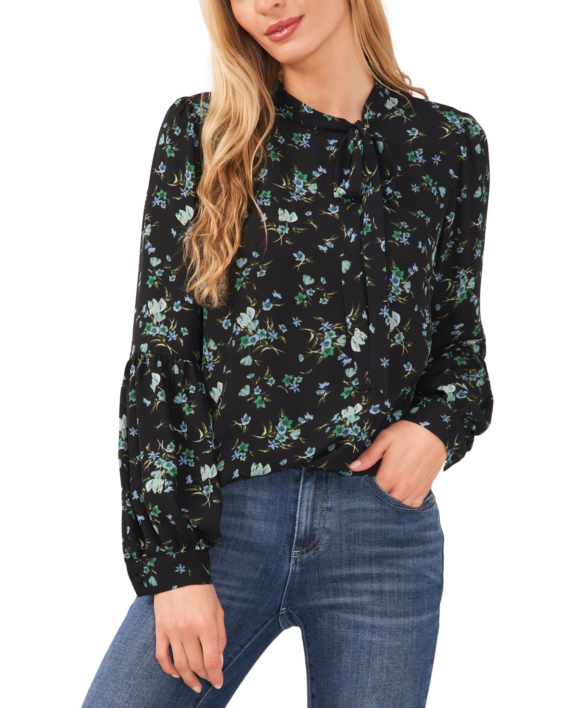 Cece Womens Printed Tie Neck Blouse