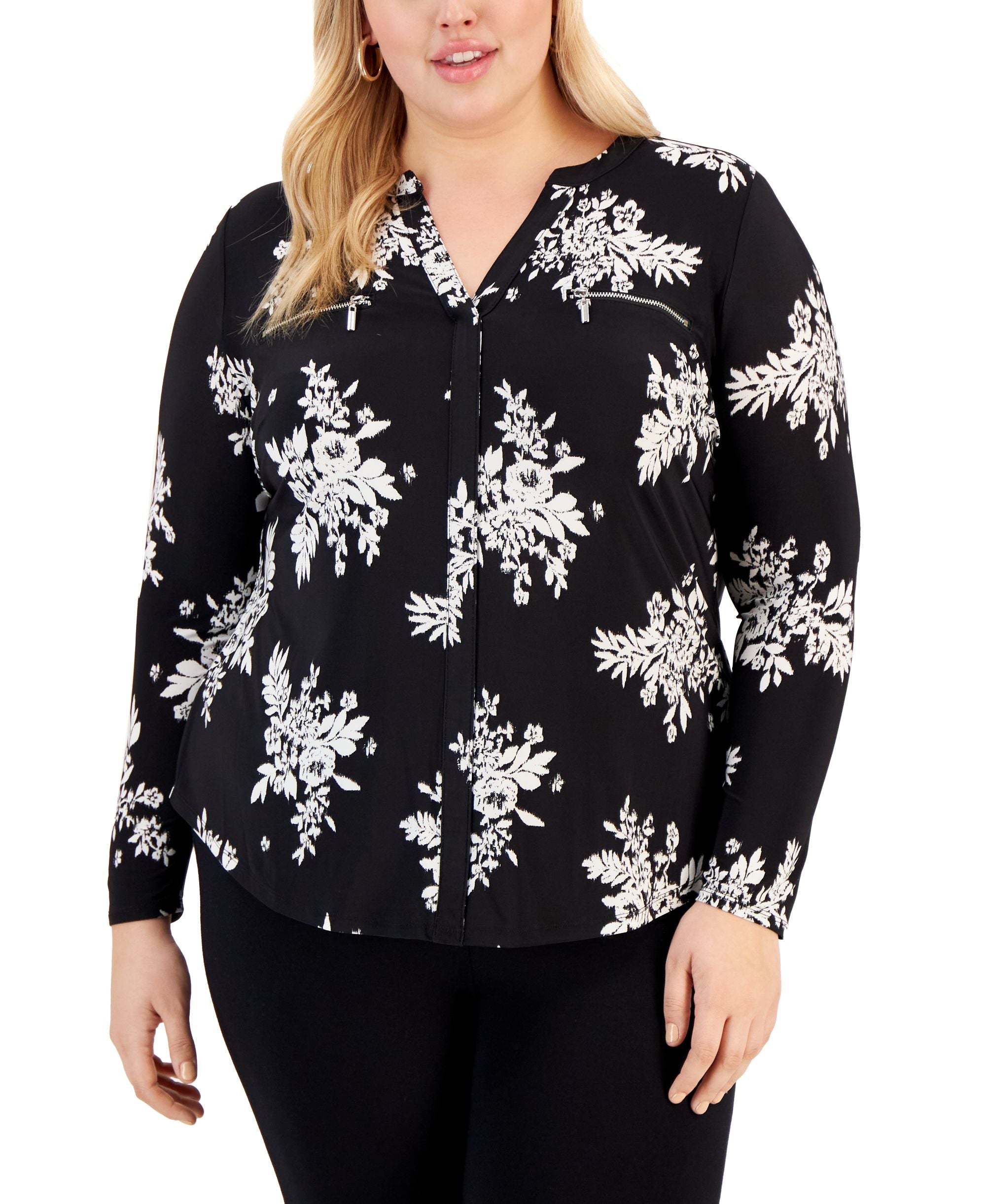 INC International Concepts Plus Size Floral Print Zip Pocket Top