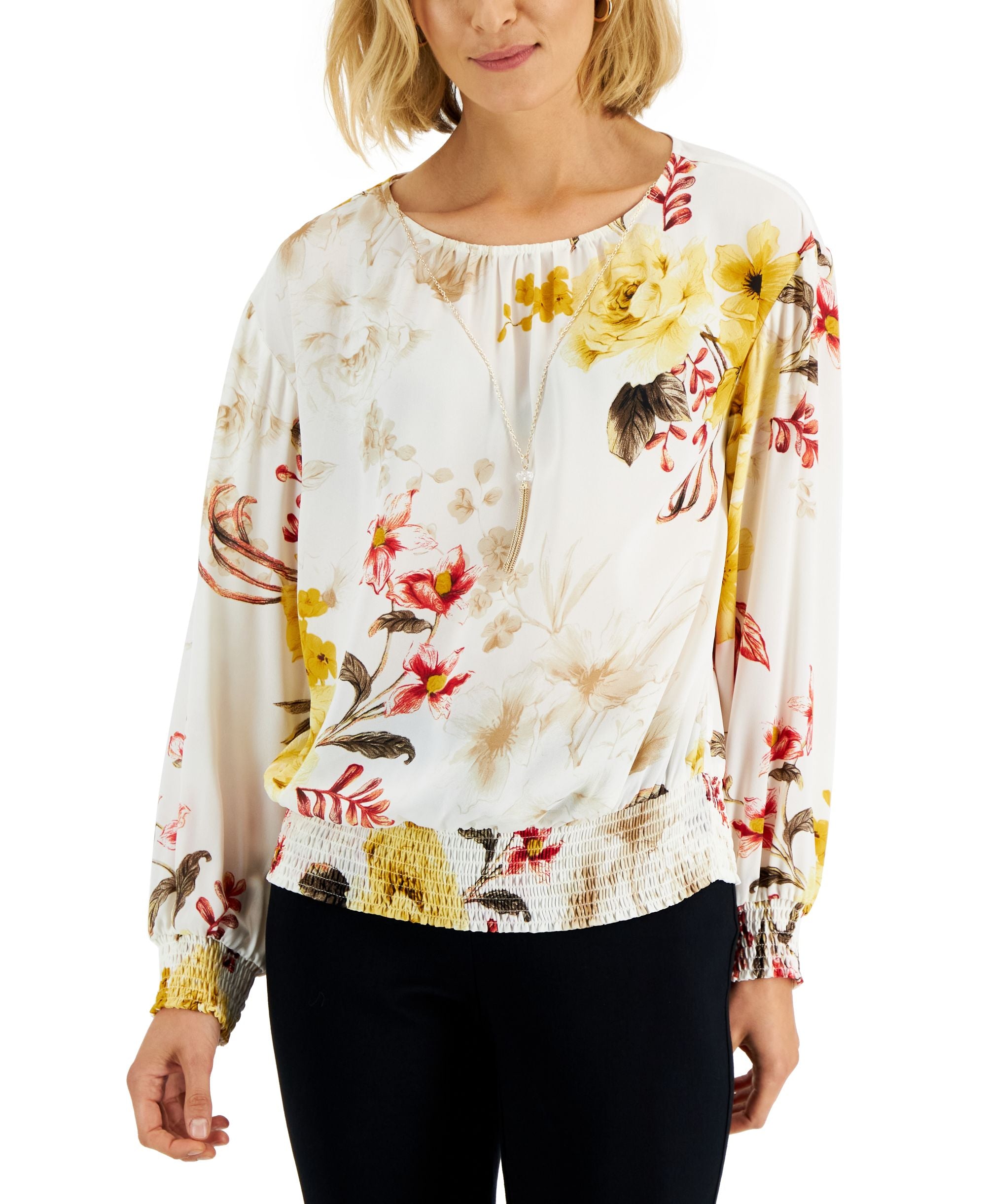 JM Collection Womens Printed Smocked Necklace Top
