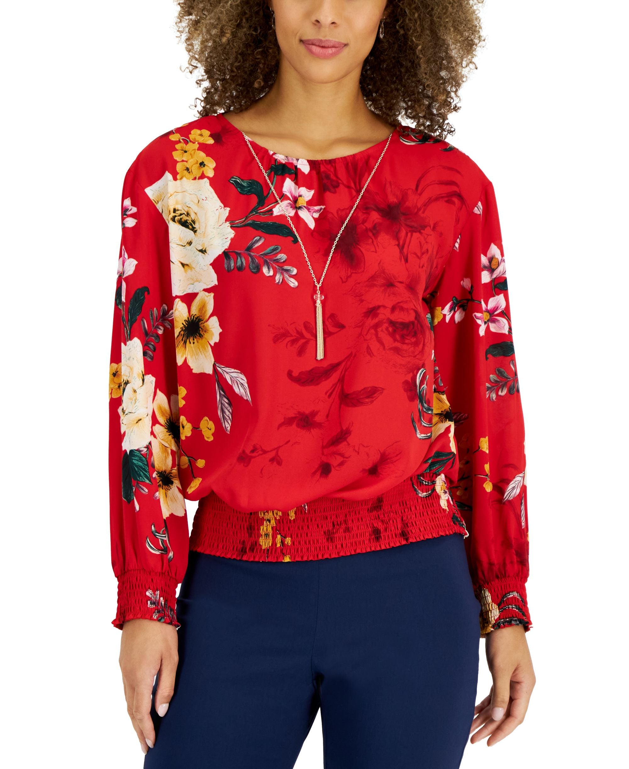JM Collection Womens Printed Smocked Necklace Top