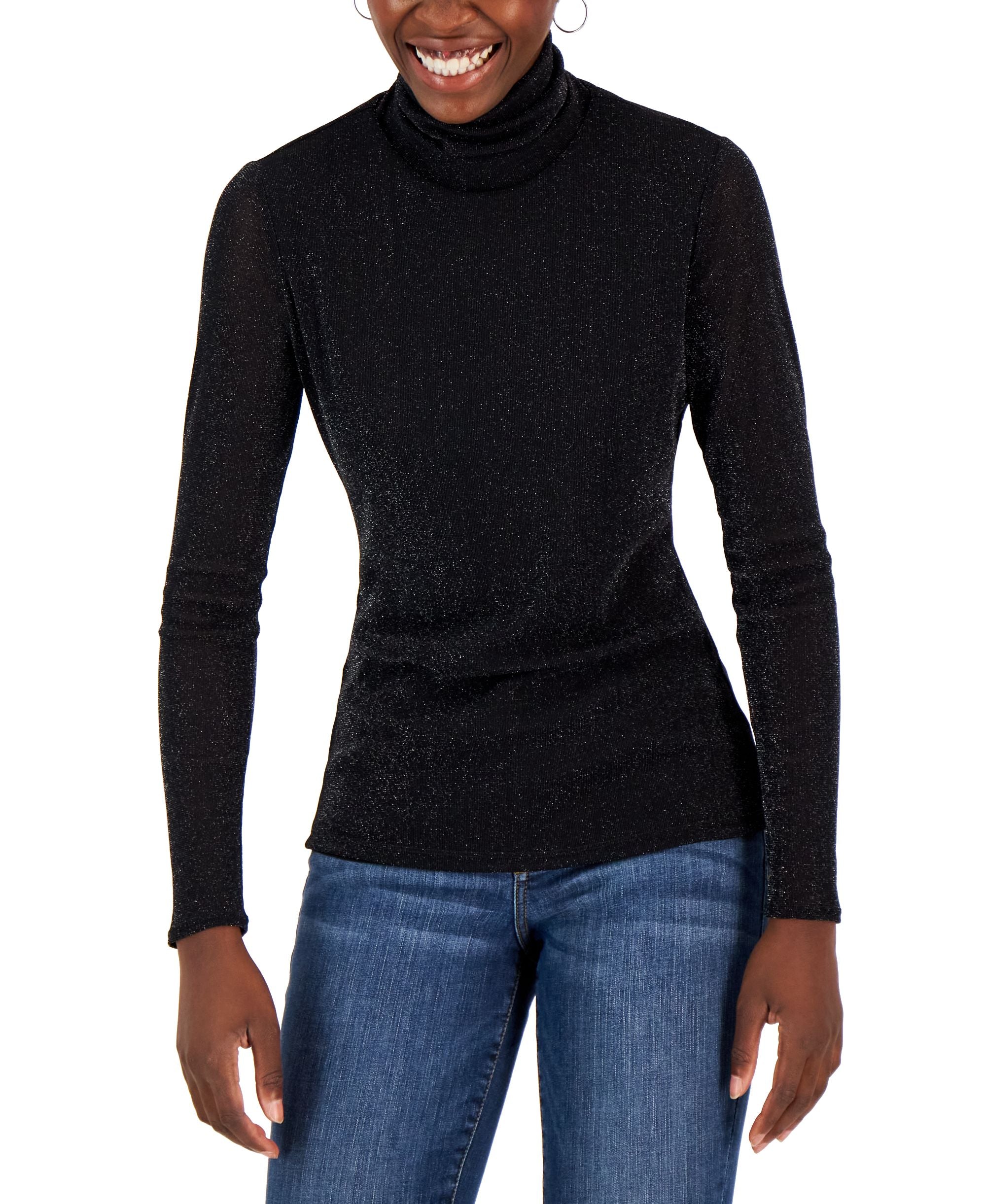 International Concepts Womens Metallic Mesh Turtleneck Top