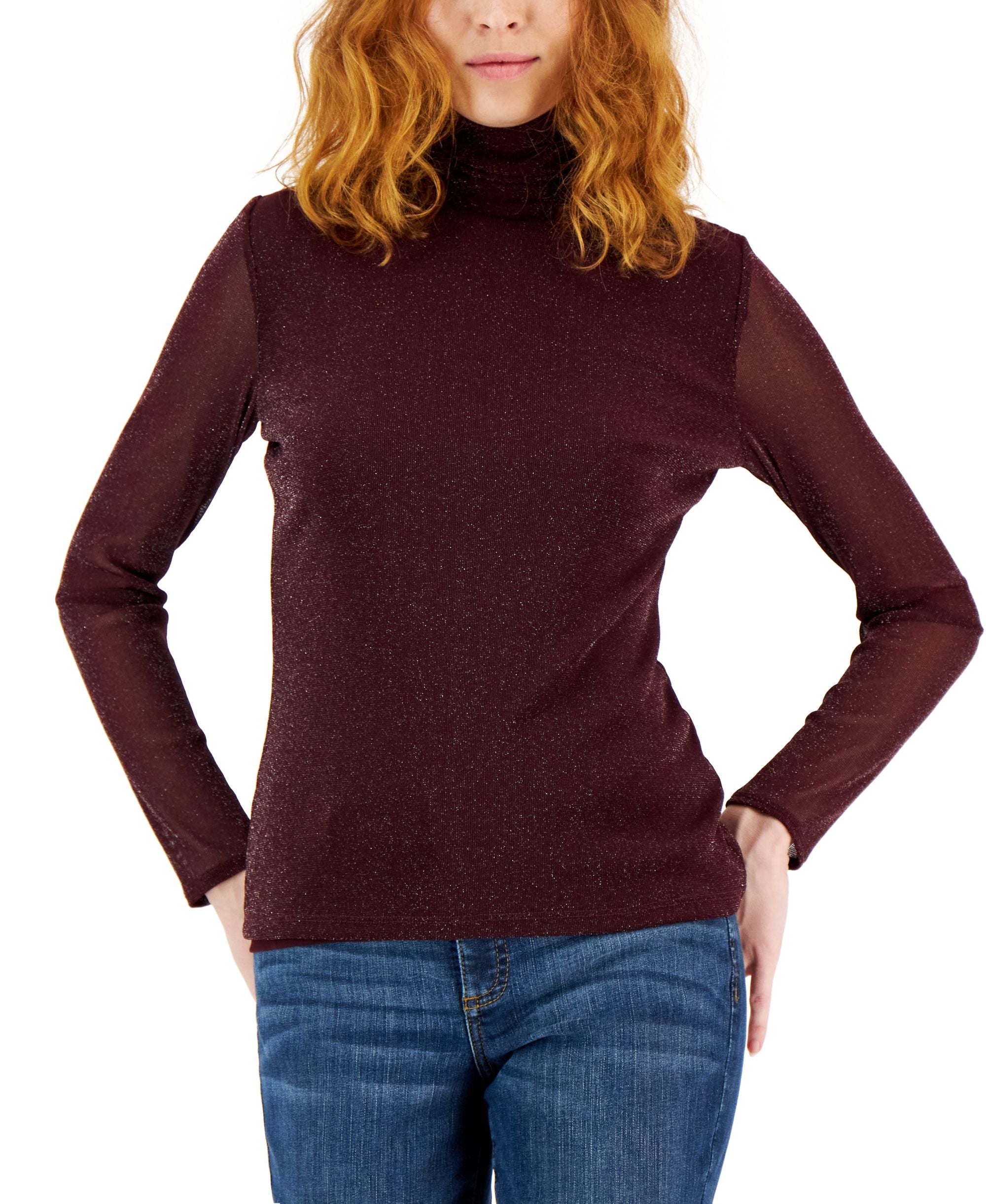 International Concepts Womens Metallic Mesh Turtleneck Top
