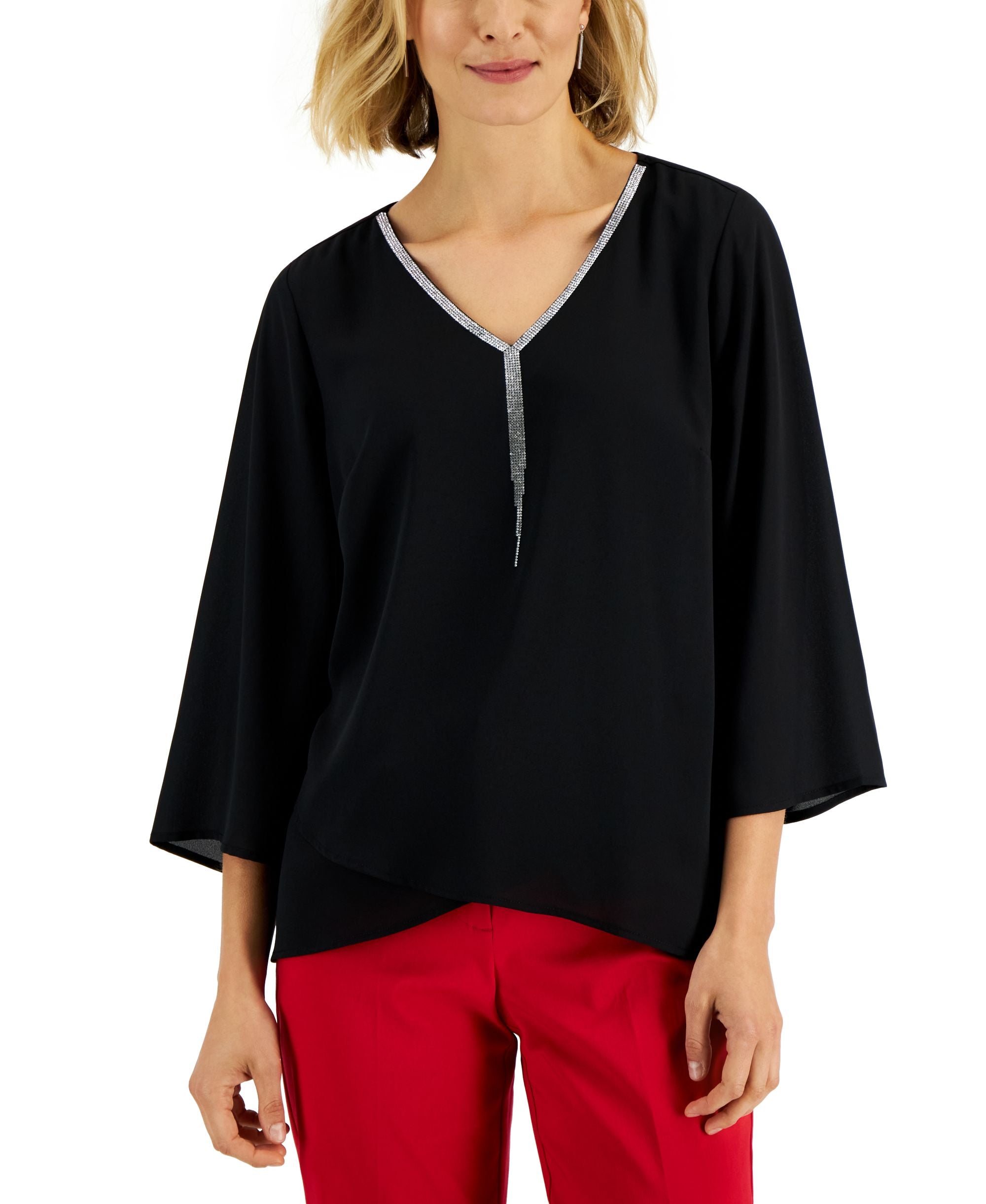 JM Collection Womens Rhinestone Trim 3/4 Sleeve Top