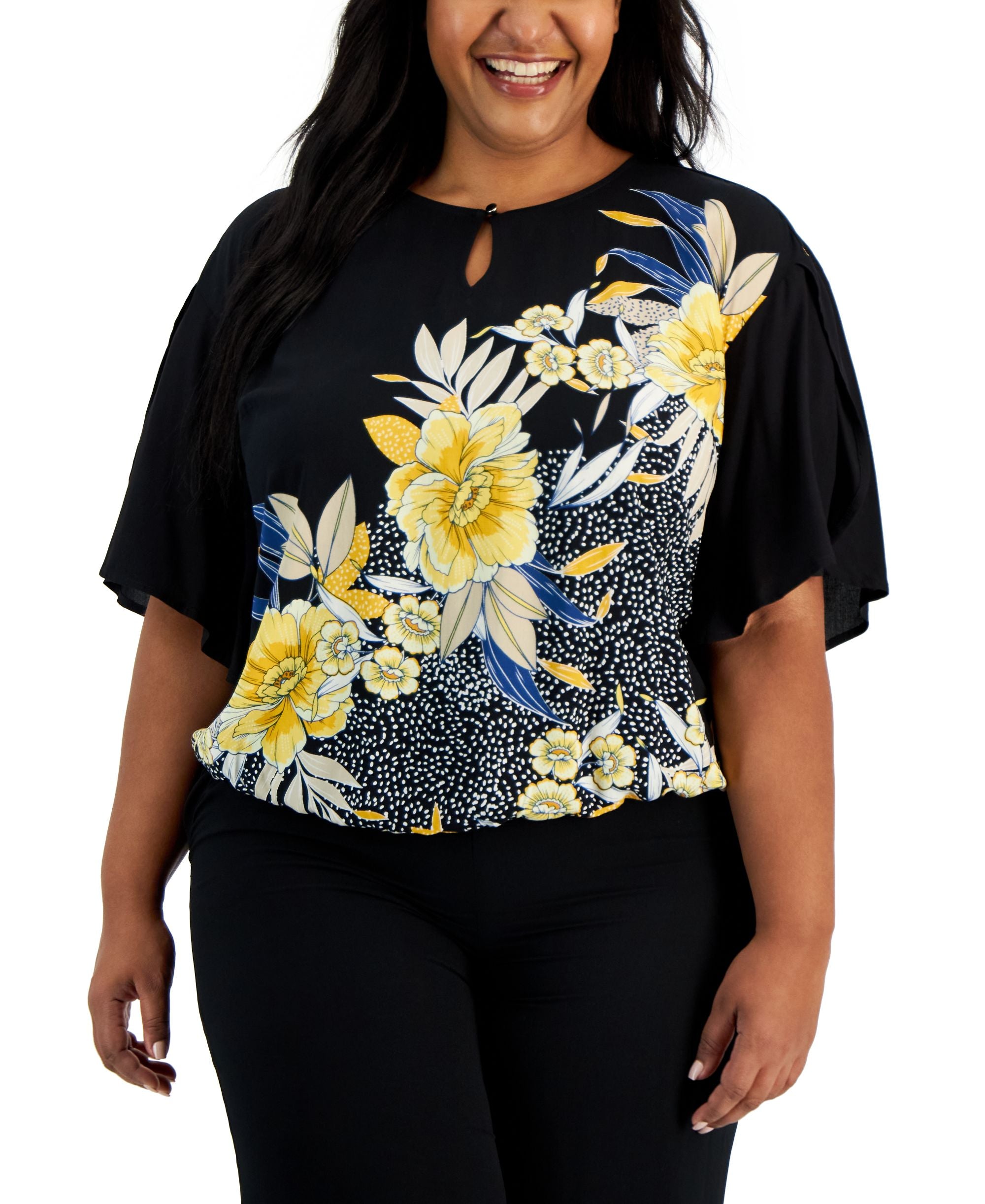JM Collection Plus Size Keyhole Neck Floral Top