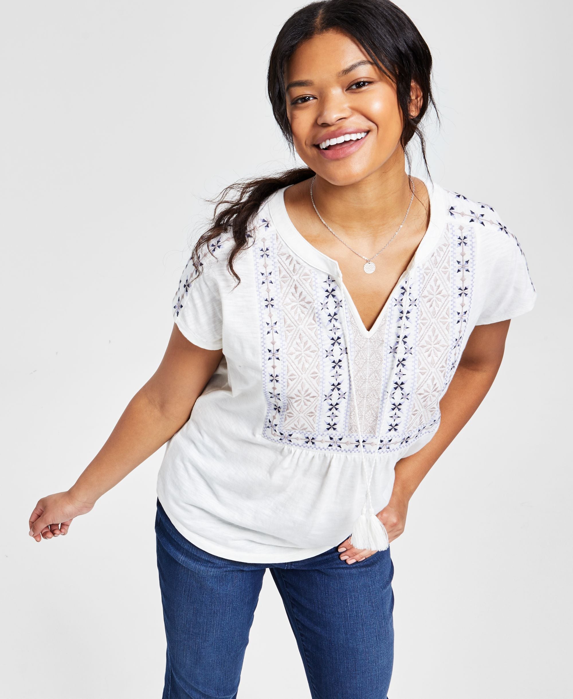Women's Embroidered Split-Neckline Top