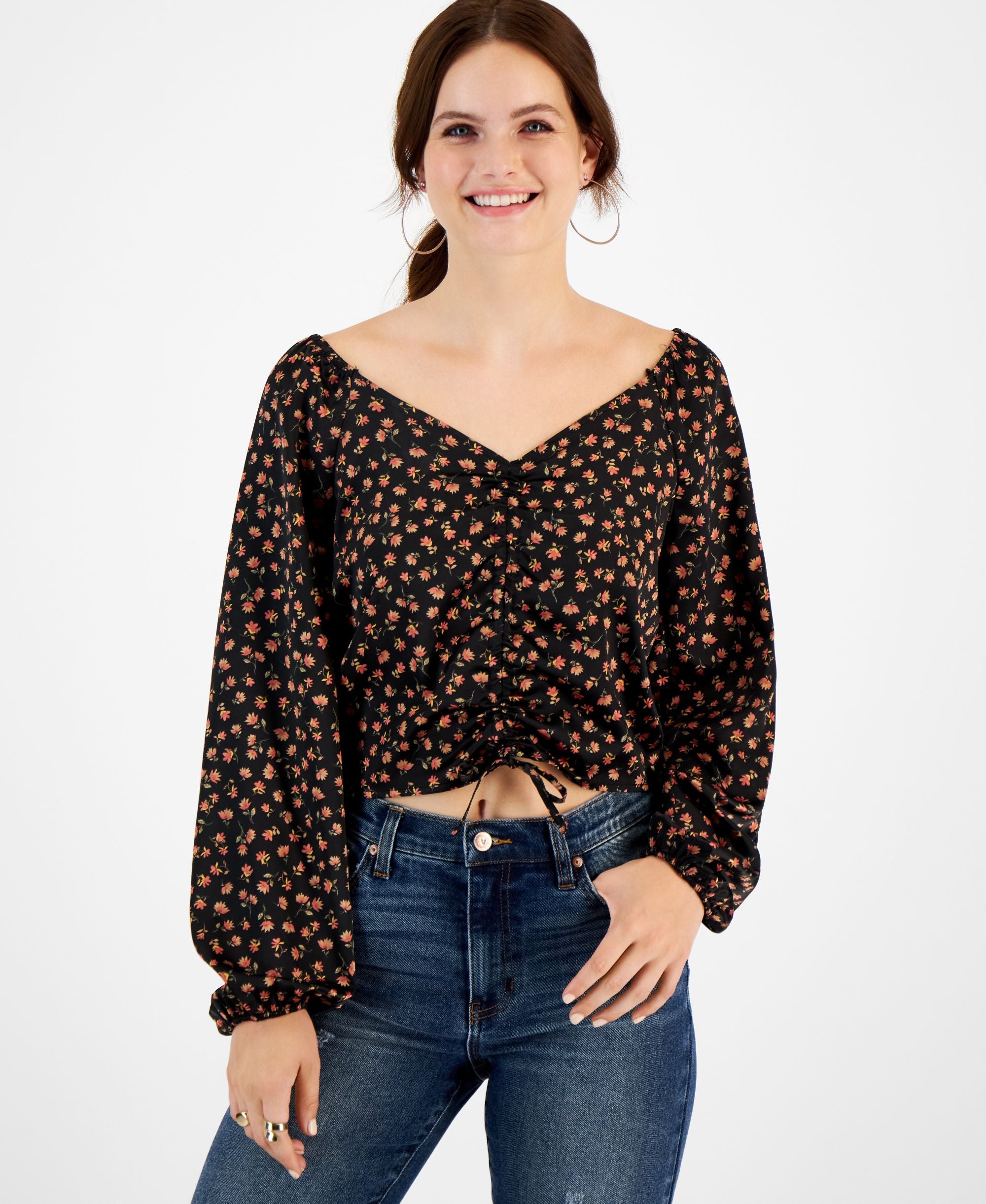 Juniors' Ruched-Front Satin Top