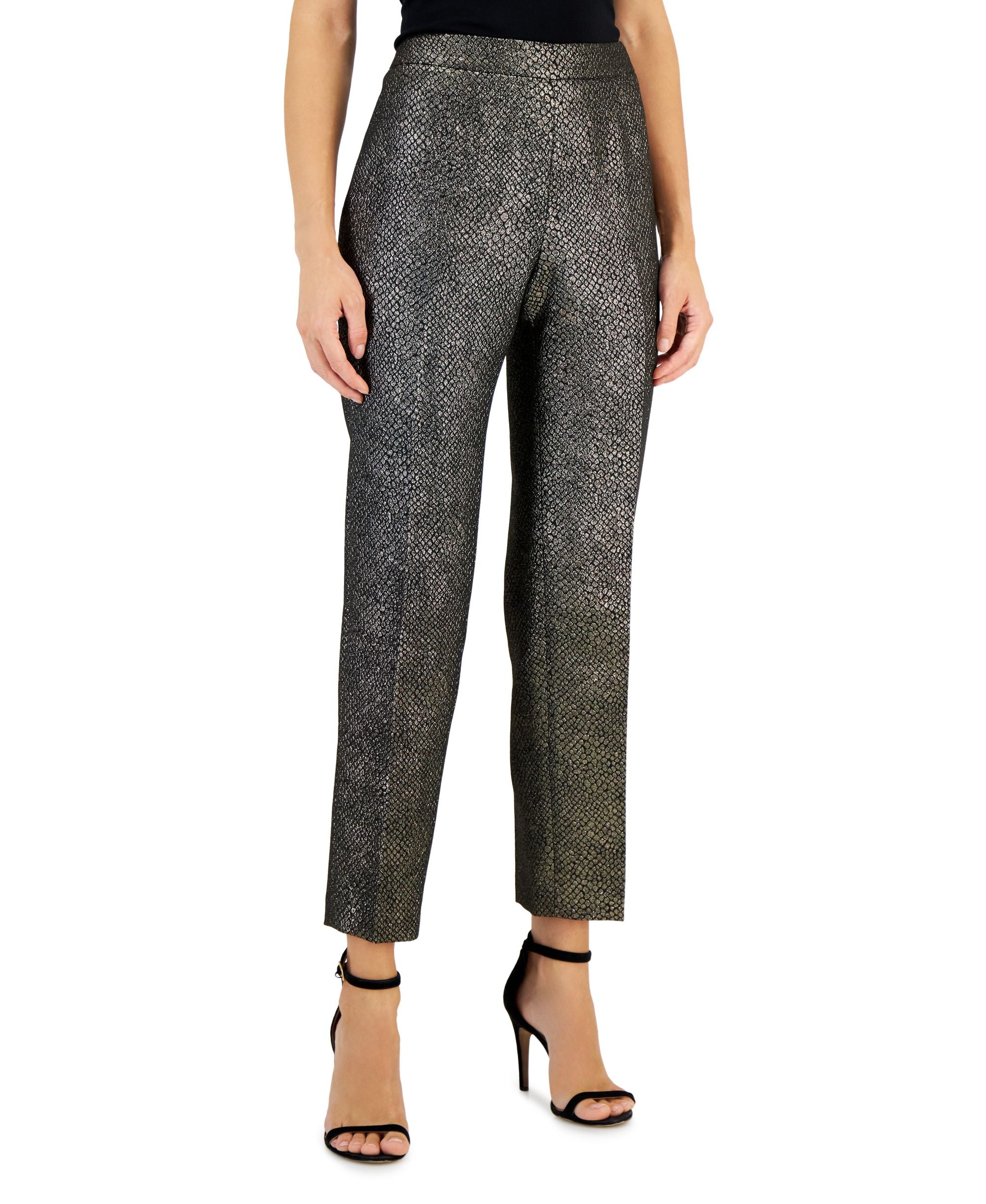 Kasper Womens Metallic Shimmer Jacquard Slim Ankle Pants