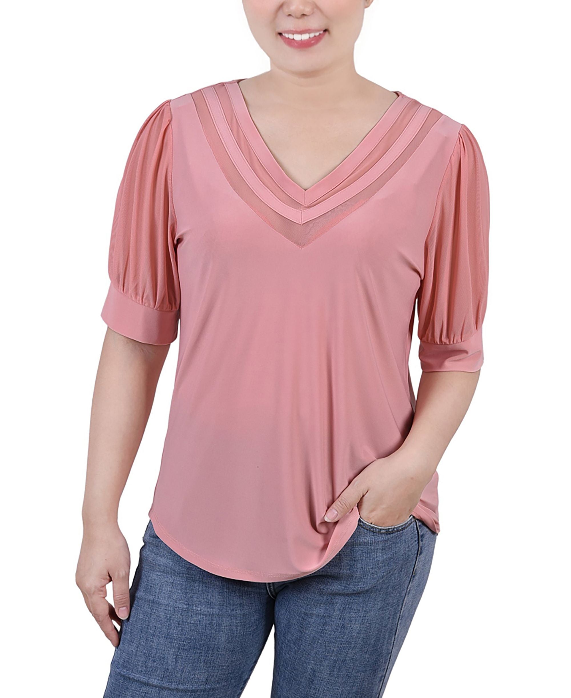 Petite Size Short Puff Sleeve V Neck Top