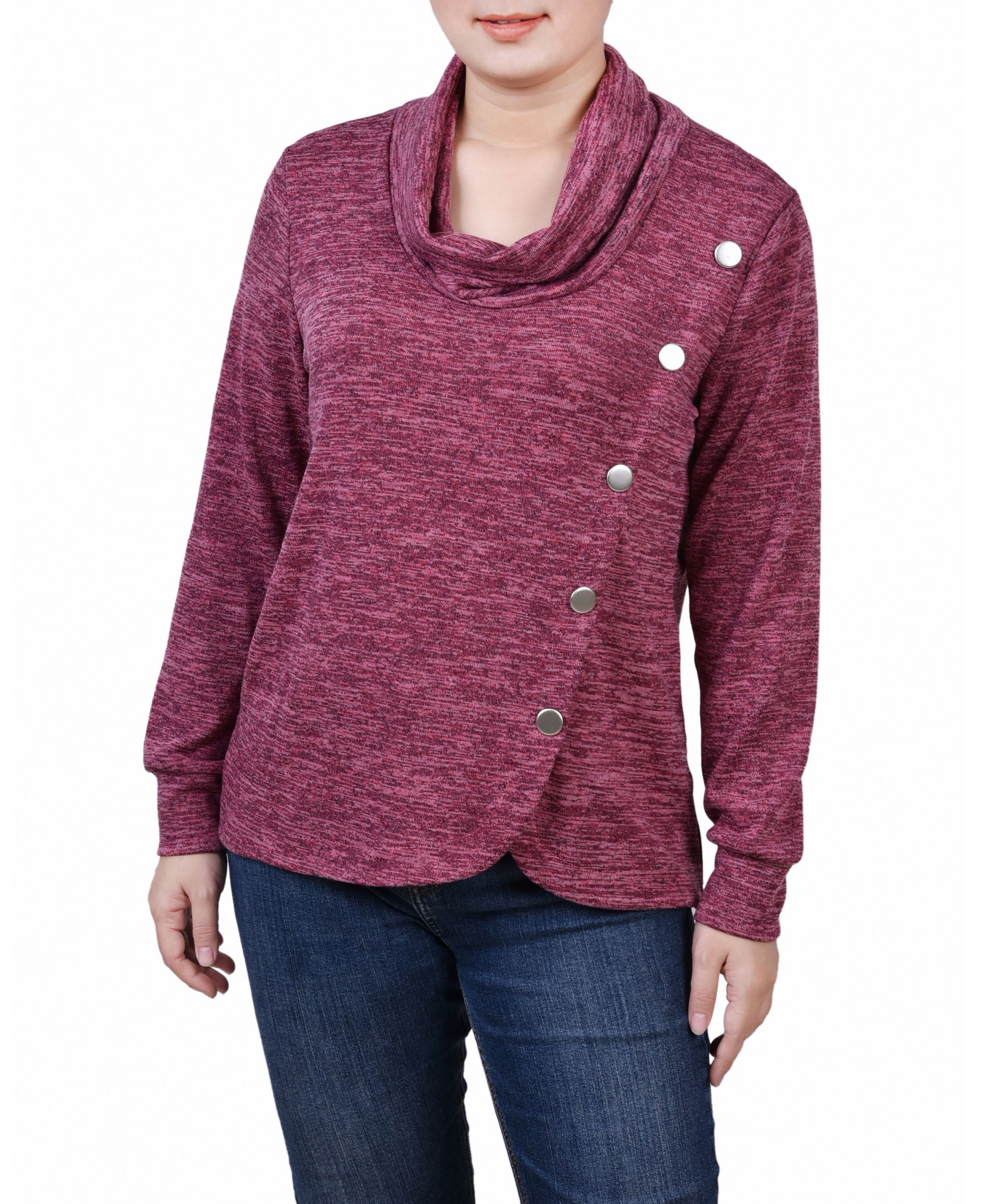 Petite Size Long Sleeve Overlapping Cowl Neck Top