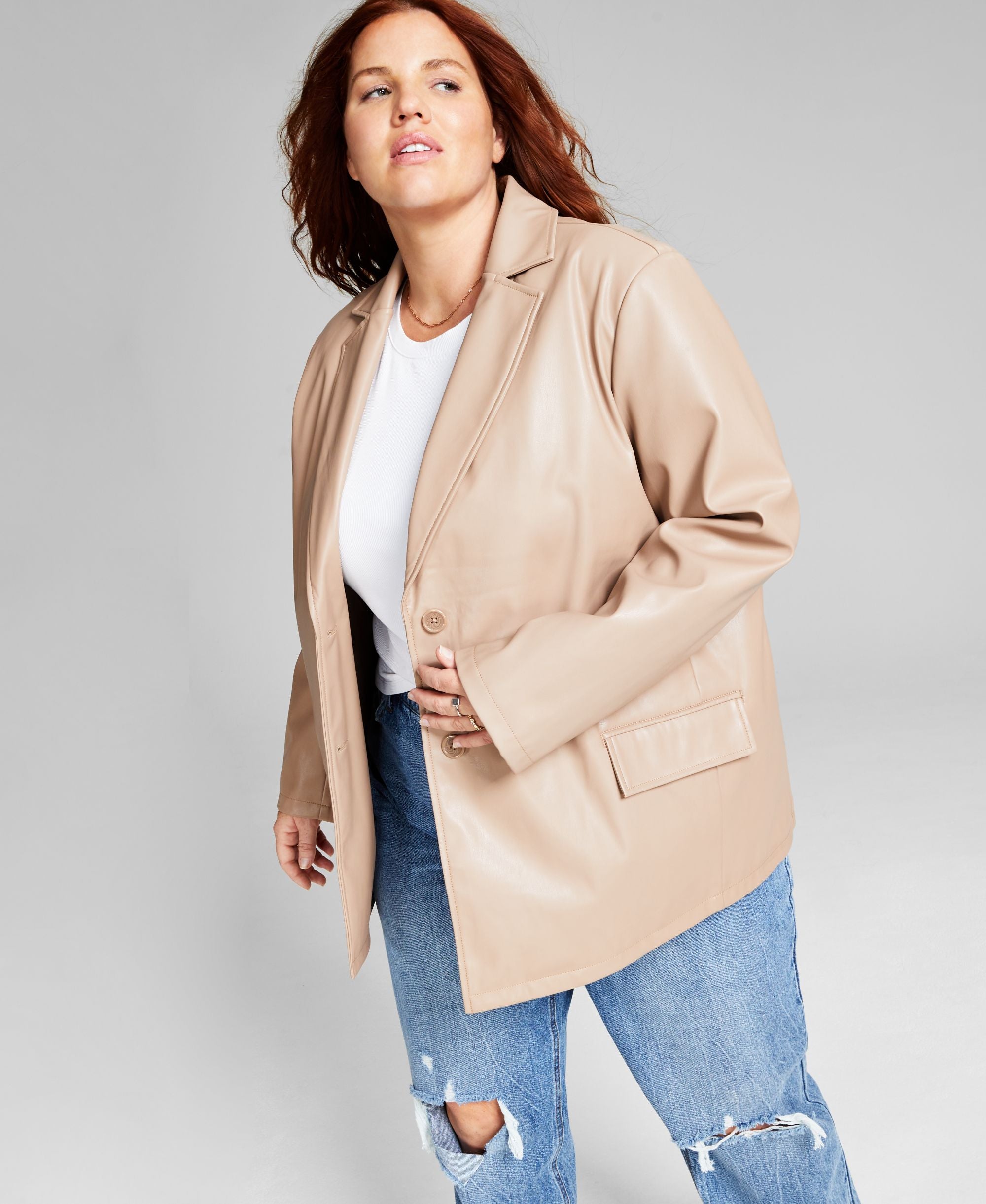 Trendy Plus Size Long Faux-Leather Blazer