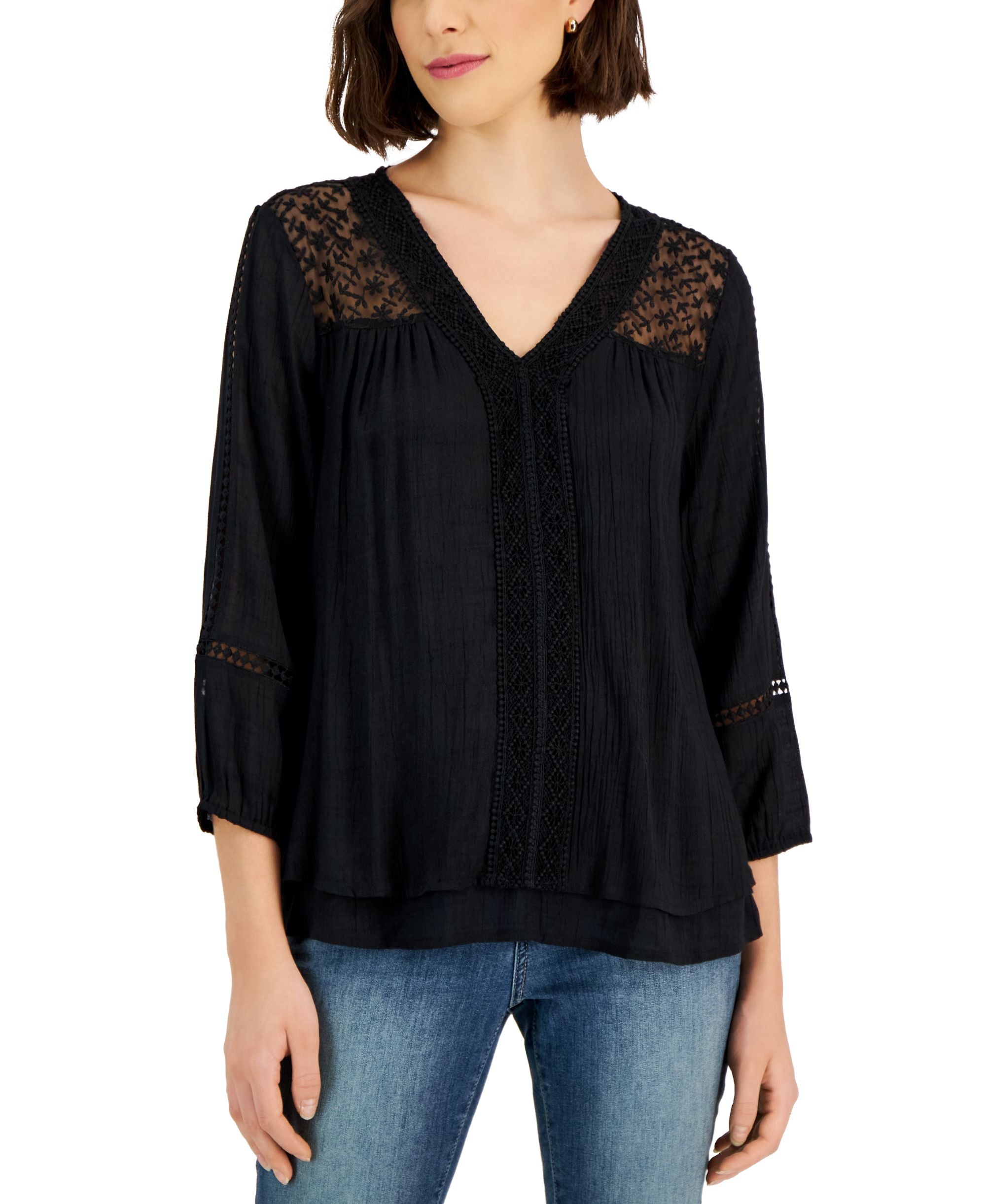 Style & Co Petite V Neck Lace Trim Top