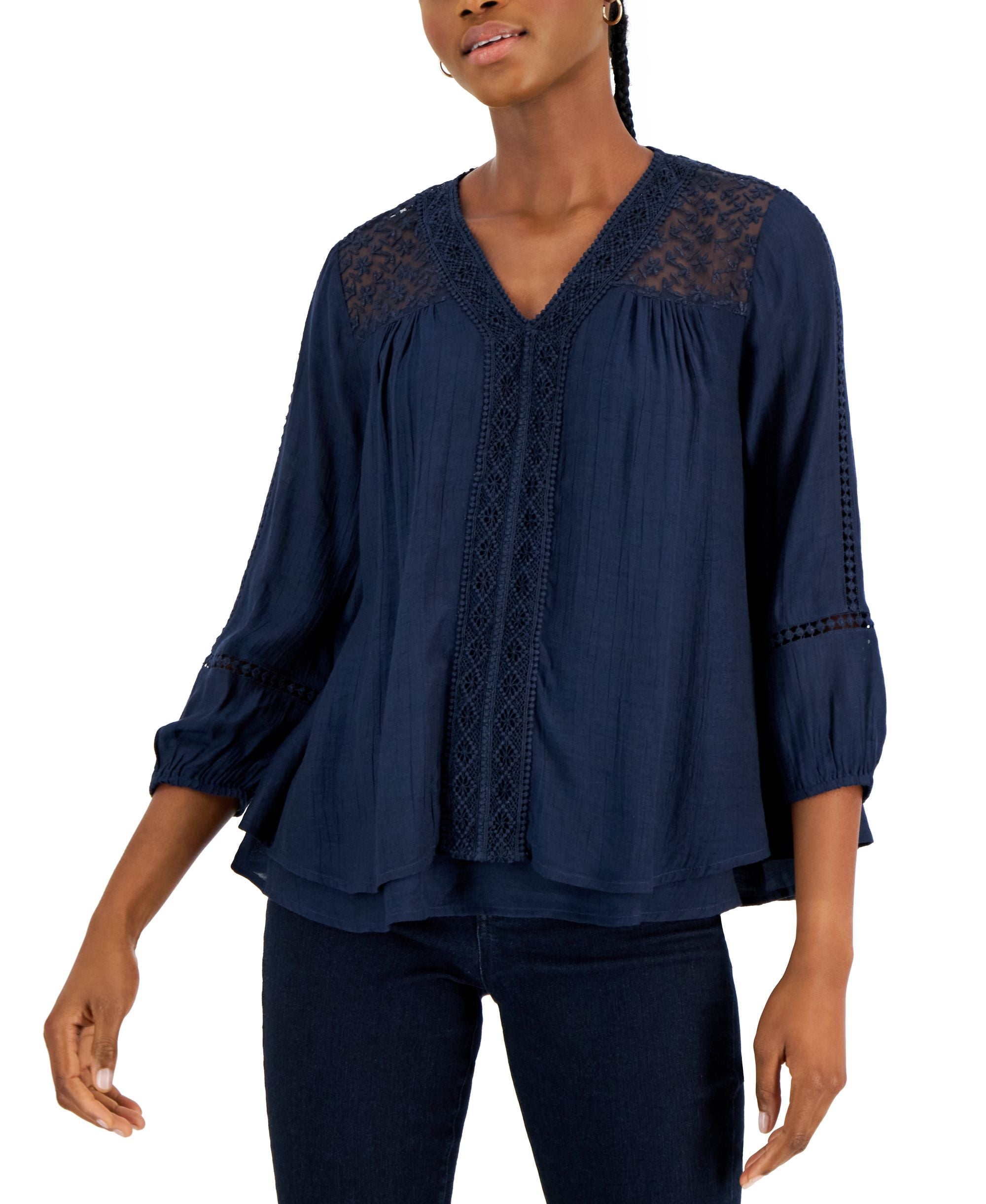 Style & Co Petite V Neck Lace Trim Top